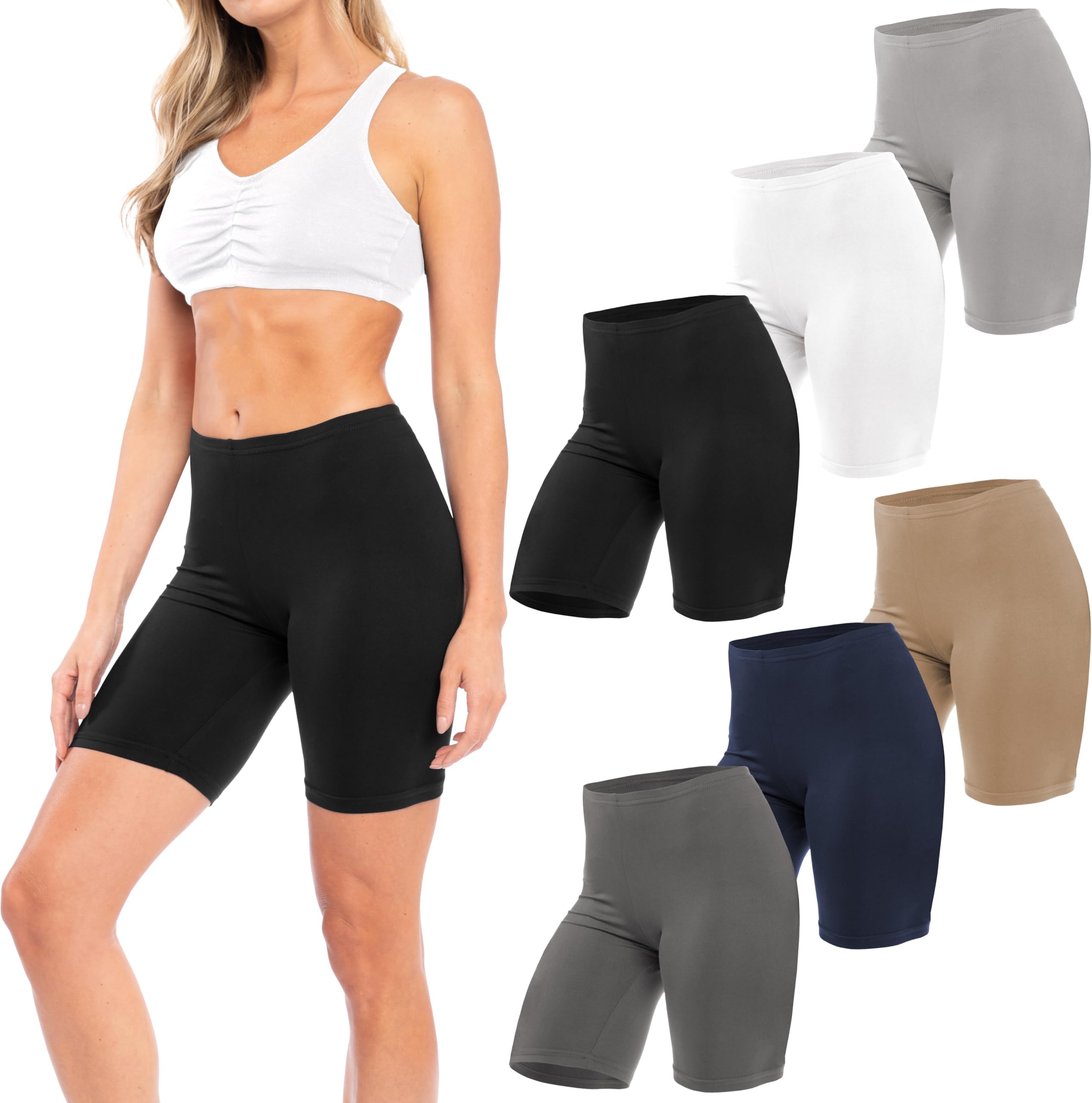 Womens 6 Pack Buttery Soft Brushed Active Stretch Yoga Bike Short Boxer Briefs Underwear (6 Pack- Black/Khaki/Charcoal/Navy/Grey/White, Medium)