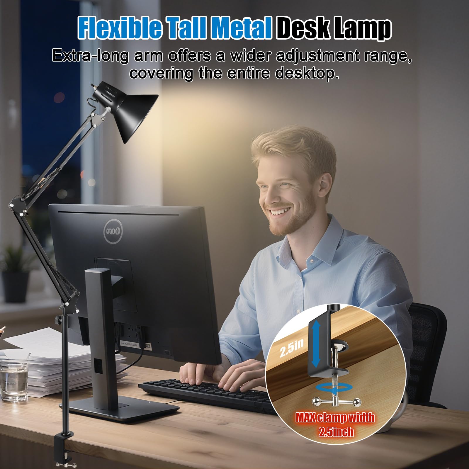 Lampada da scrivania con morsetto a LED, braccio oscillante regolabile a 360°, luce a morsetto con lampadina LED per casa, ufficio, lettura, redazione