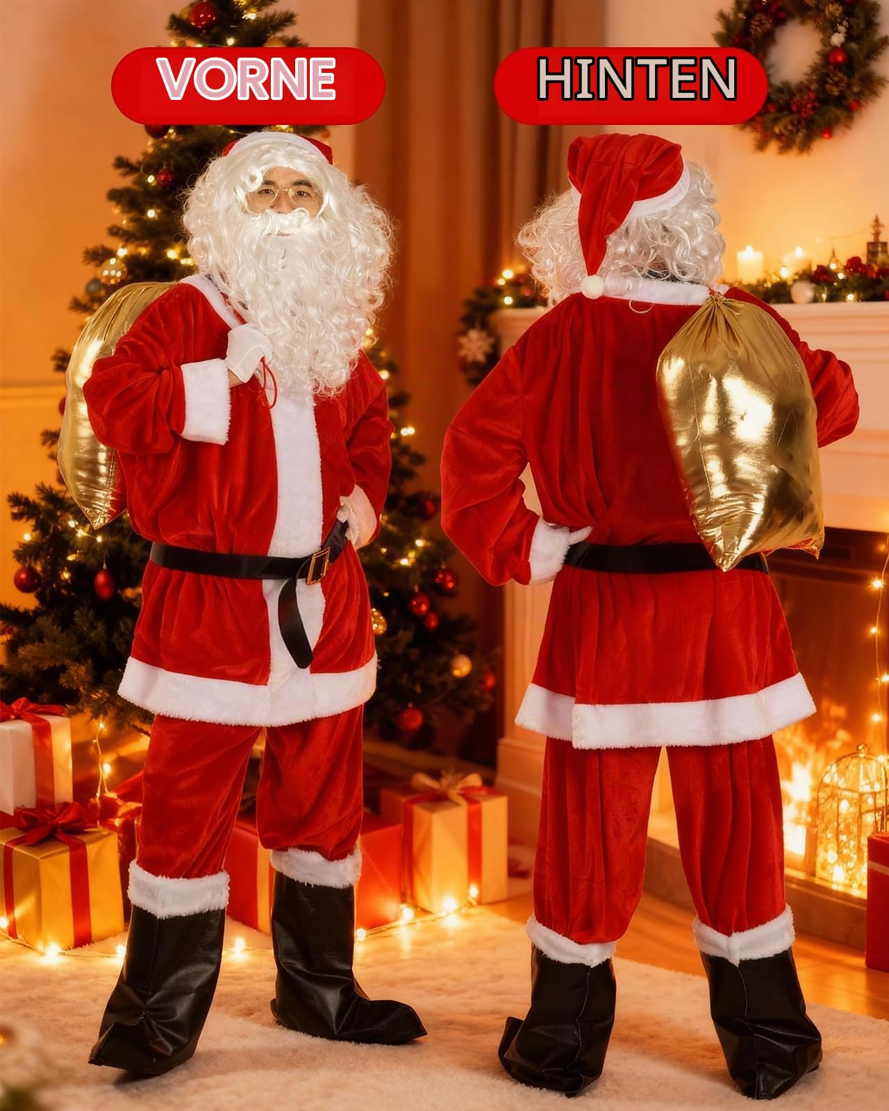 Weihnachtsmann Kostüm für Herren, 10-teiliges Weihnachtskostüm Premium Set | inkl. Bart, Sakko & Goldbeutel, Erwachsene Deluxe Santa Claus Costume für Weihnachtsfeiern, Karneval und Nikolaus Cosplay