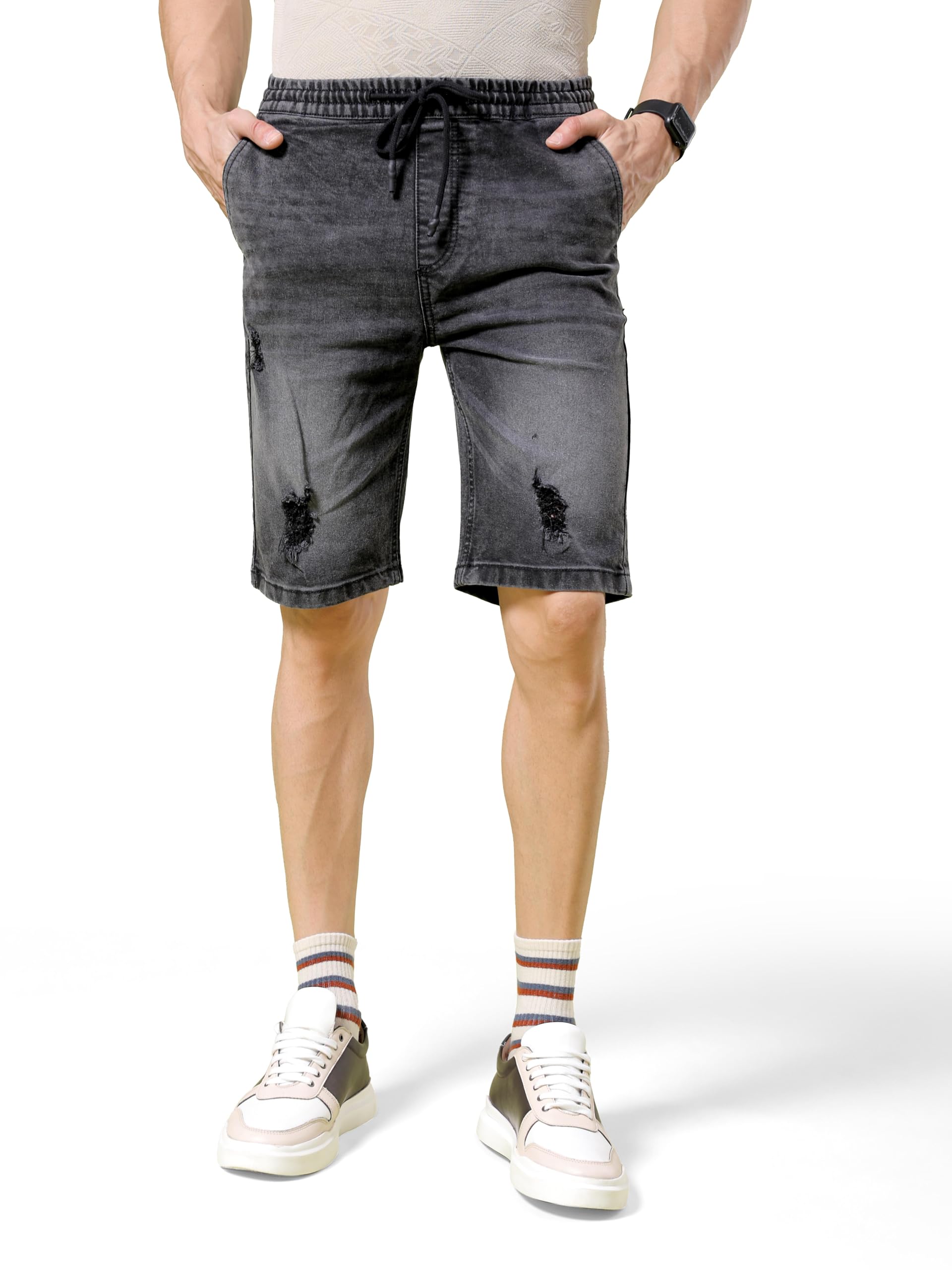the indian garage co Men Slim Fit Solid Mid-Rise Denim Shorts-picture-39