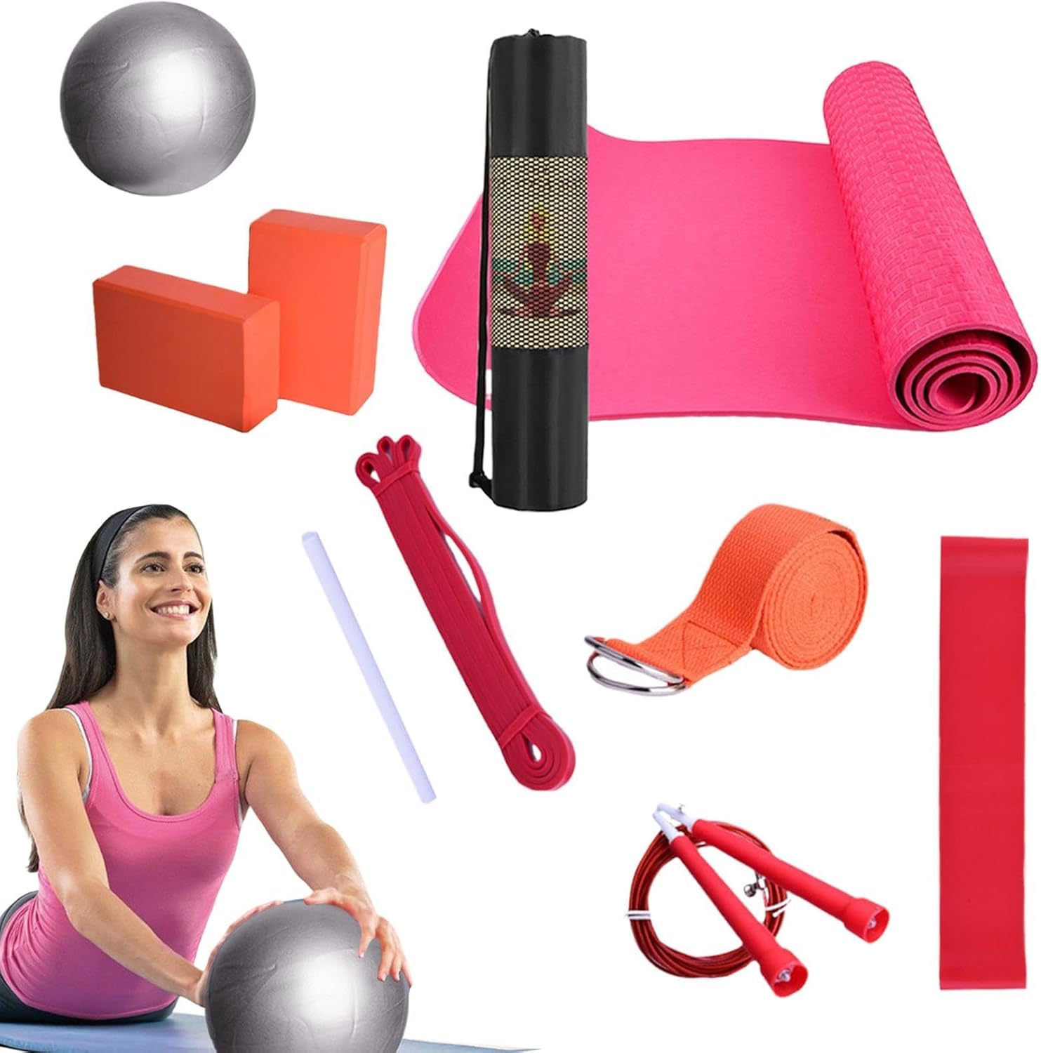 Yoga Basic Set, Fitness Exercise Kit, Stretching Training Gear, Non Slip Yoga Mat, Stability Balance Ball, Latex Resi Band, 183x61x0.7cm for Home, Gym, Travel