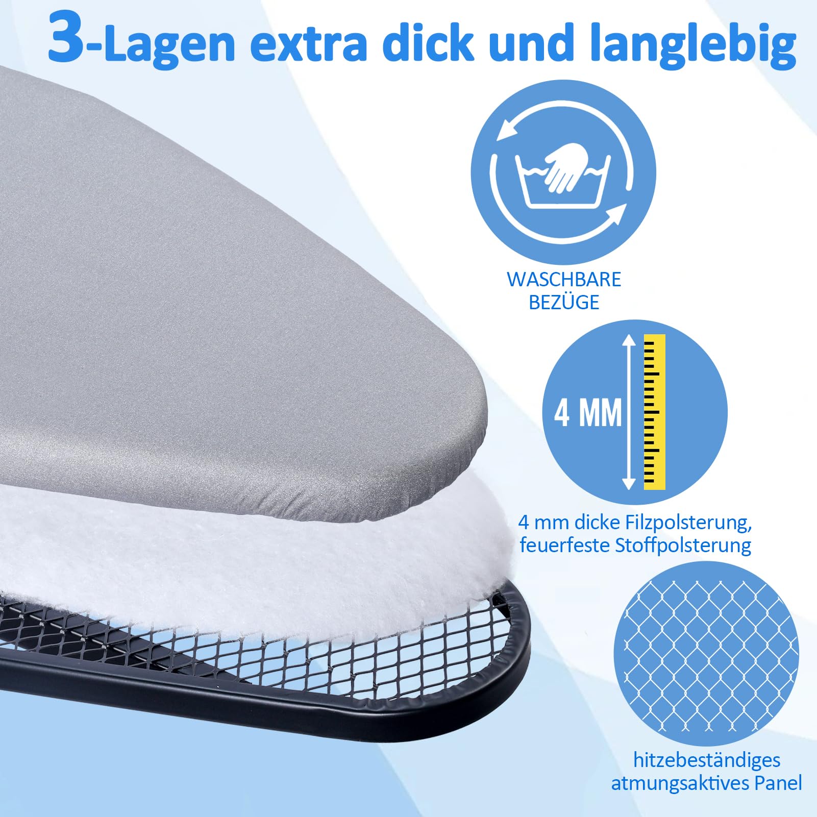 Bügelbrett,Dampfbügelbrett mit Bügeleisenablage, Metallnetz Bügeltisch mit Rutschfesten Füßen für Verstellbarer Höhe,Bügelbrett Klappbar Kein,Robuster Bügeltisch größe 133x34cm