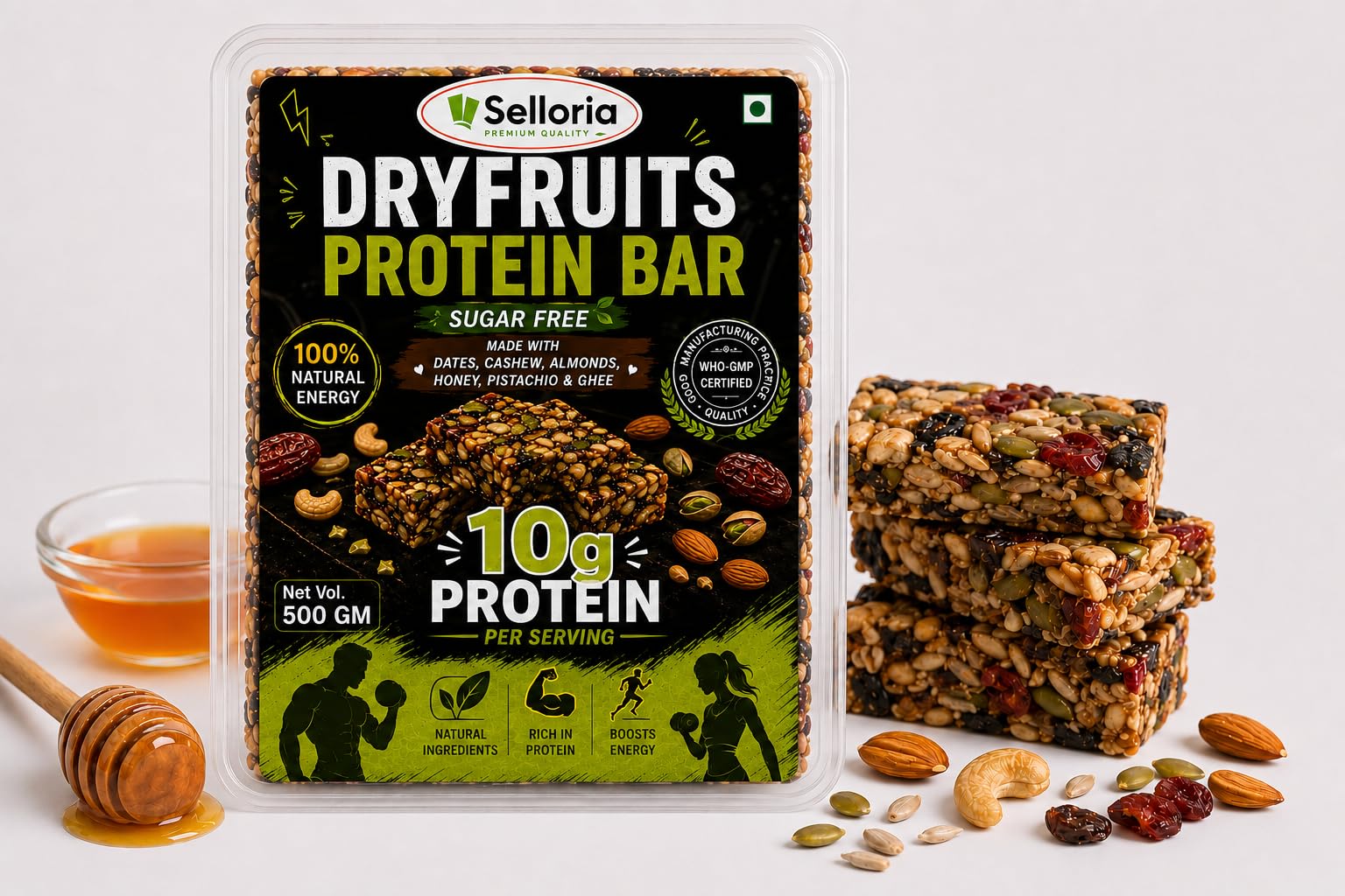 Selloria Dry Fruits Protein Bar | 10g Protein Per Serving | Sugar Free High Protein Energy Bar | Made with Dates, Almonds, Cashews, Pistachios, Honey & Ghee | Healthy Snack for Gym, Fitness & Daily Nutrition | 500g-image-23