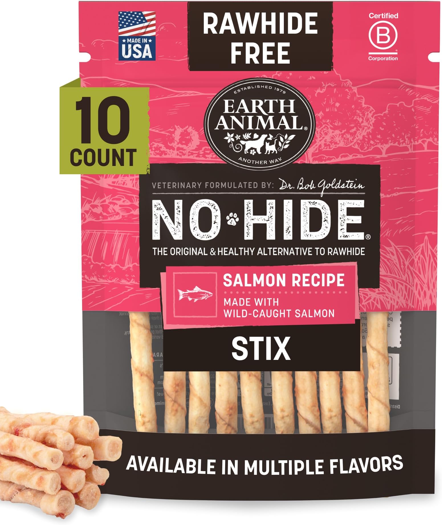 Earth Animal No Hide Stix - Rawhide Free Dog Chews Sticks 10 Count Salmon