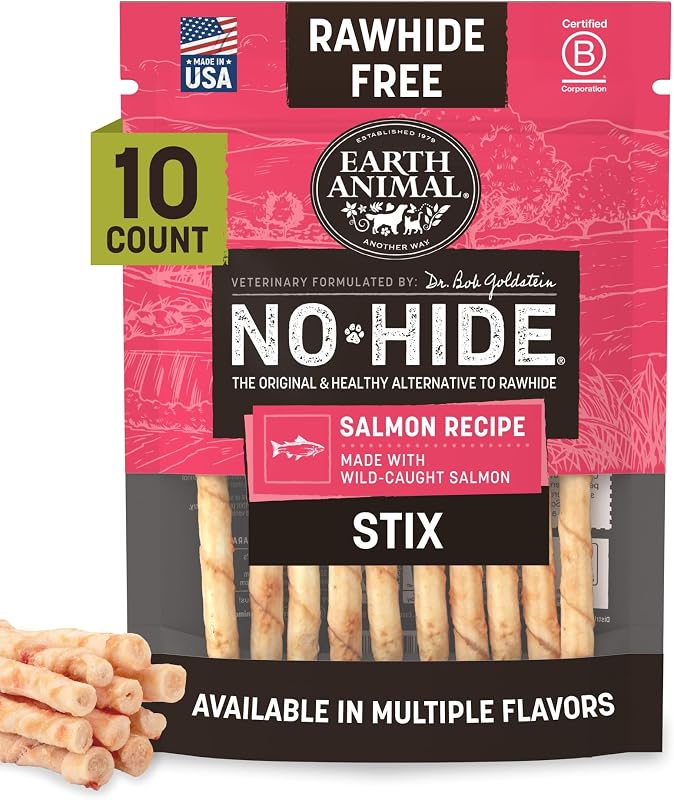 Palitos mastigáveis para cães pequenos No Hide Stix Salmon Earth Animal sem couro cru, 10 unidades
