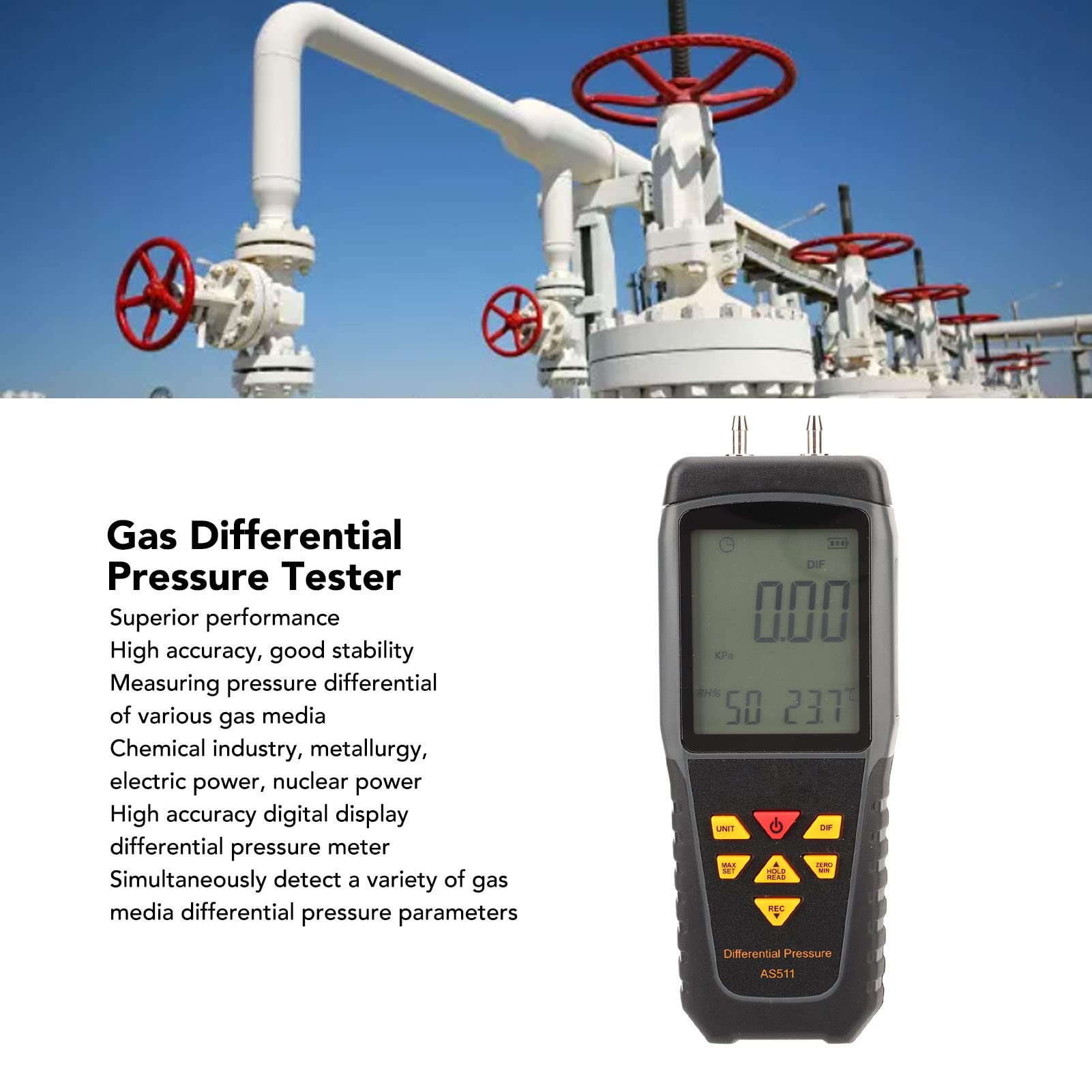 EMUKOEP Medidor de Prueba de Presión Diferencial, Medidor de Sensor Digital, Mano Inteligente para Aire y Gas con Retroiluminación LED