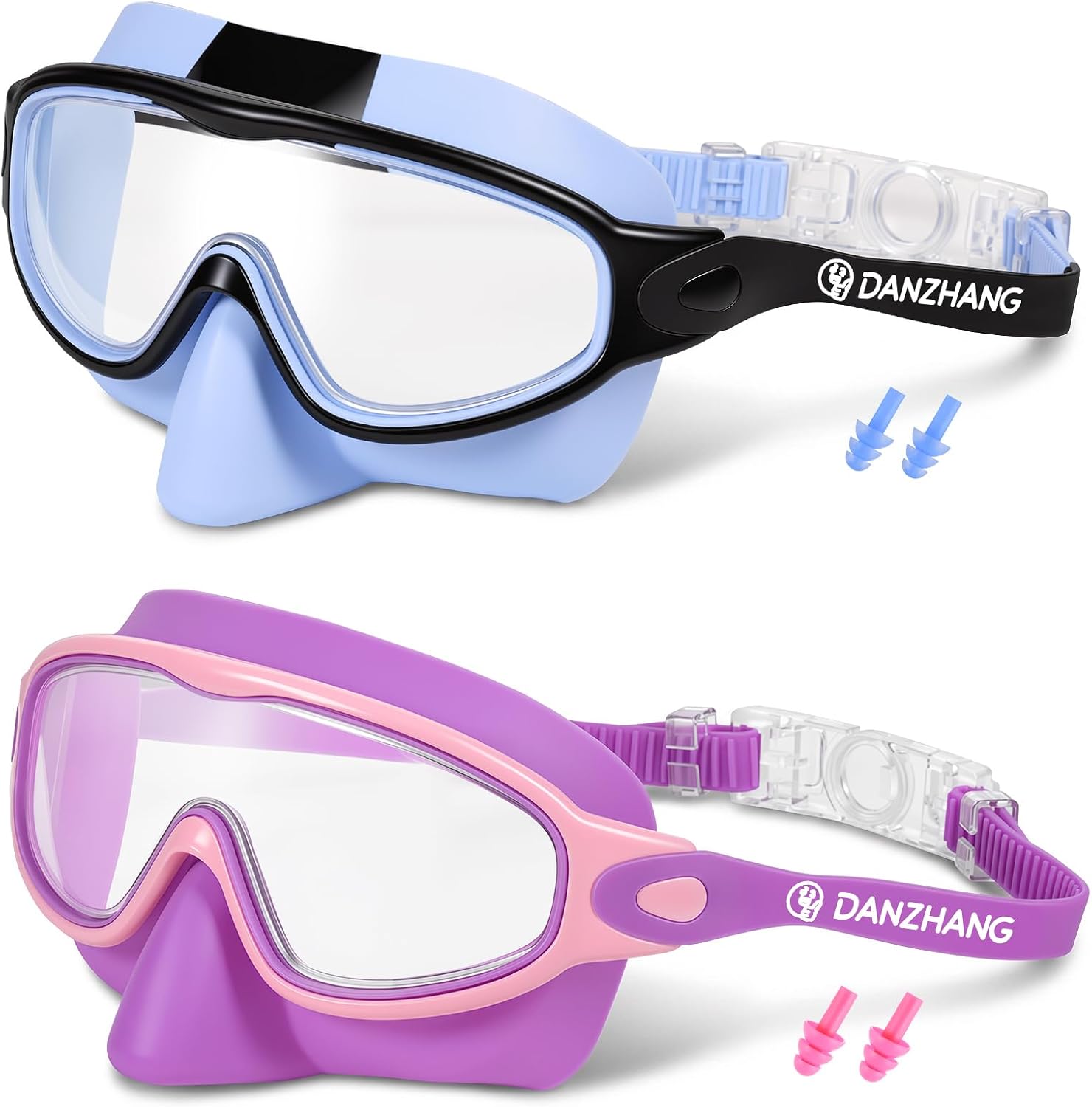 DANZHANG 2 Pack Kids Goggles with Nose Cover,Swim Goggle with Earplugs | Anti-Fog UV Protection 180° Wide View Swimming Goggles for Boys & Girls Ages 3-14