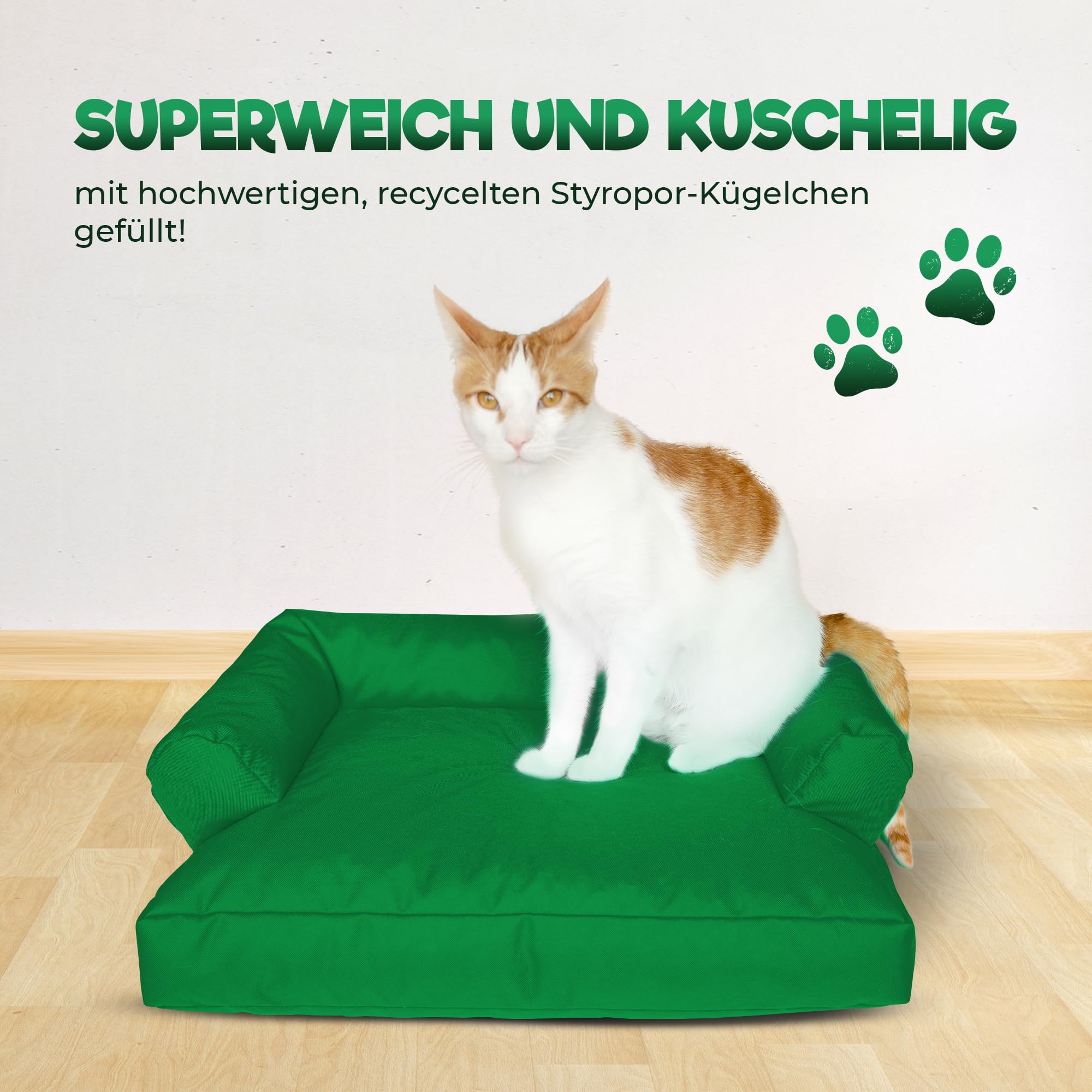 PatchHome Sofá para gatos, certificado Öko-Tex, muebles para gatos, relleno de poliestireno reciclado, accesorio para gatos, fabricado en Alemania, 50 x 40 x 15 cm, color verde