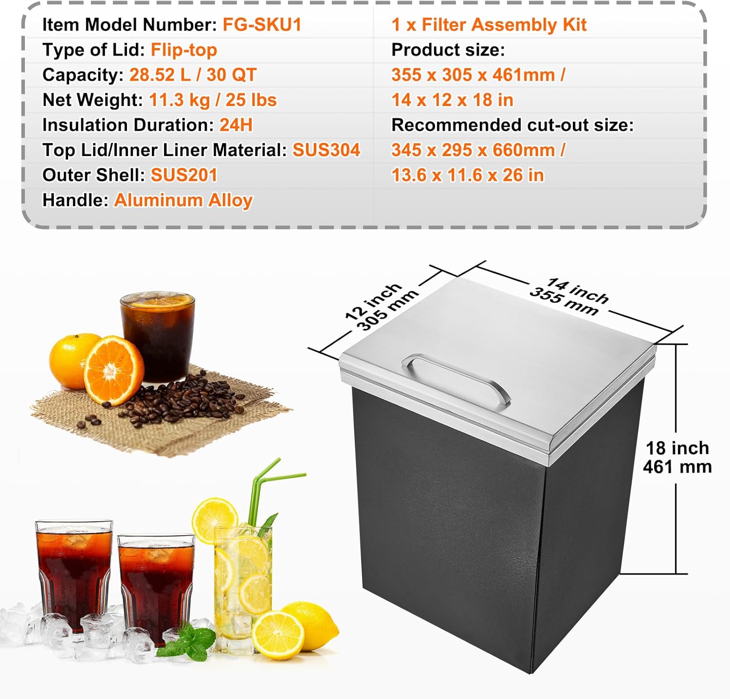 Happybuy 14x12x18 Drop-in Ice Chest, 40 Qt Commercial Ice Cooler, Stainless Steel Ice Bin, Hinged Lid, Outdoor Kitchen Ice Bar, Drain-Pipe & Plug, Cold Wine Beer Storage