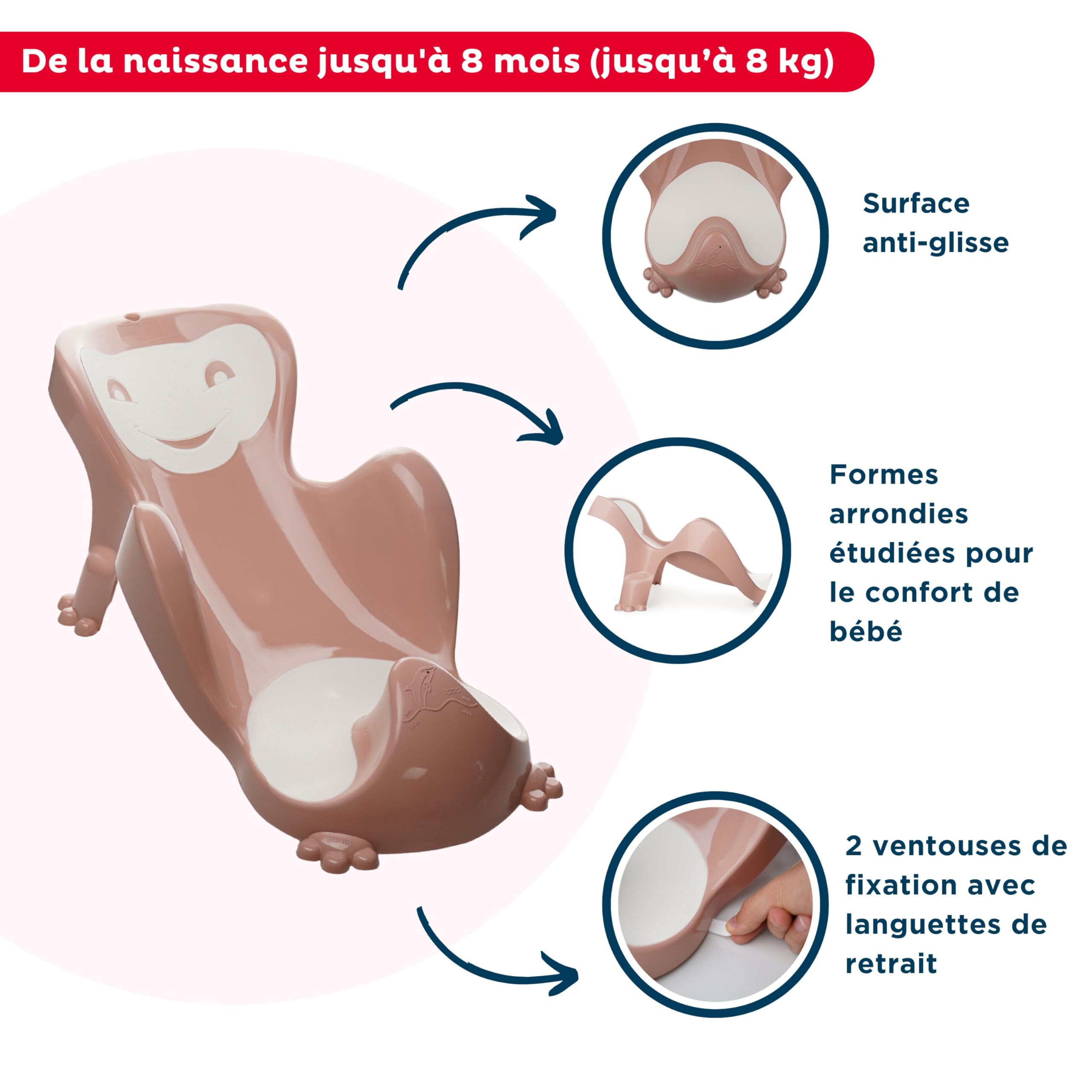 THERMOBABY - Transat de Bain BABYCOON - De la naissance à 8 mois (jusqu'à 8 kg) - Confortable - Ludique - Rose Câlin - Fabriqué en France