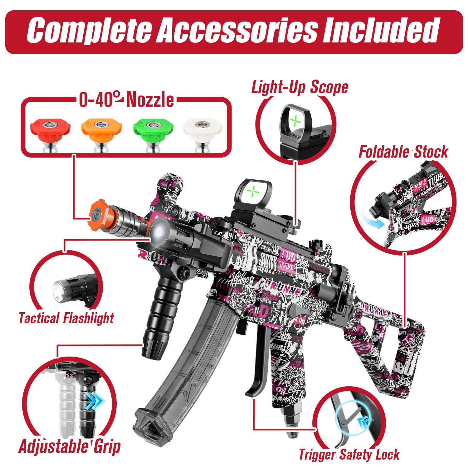 Pistola de lavado a presión modelo MP5 con giro y 4 boquillas, pistola de pulverización de alta presión de 3600 PSI con enchufe de conexión rápida de 3/8 pulgadas, pistola giratoria compatible con