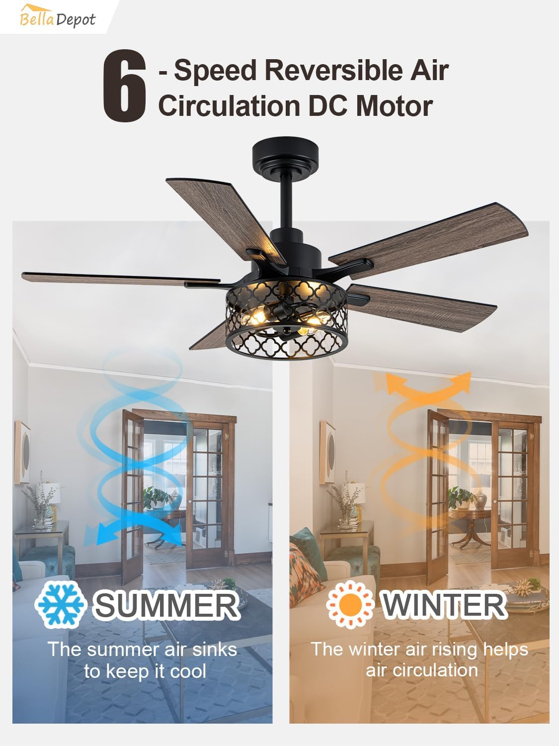 Bella Depot 46" Ceiling Fan with Light Farmhouse Caged Chandelier Fan with Remote Vintage Rustic Indoor Fandelier with Silent Motor for Dining Living Room Bedroom, (Bulbs not Included)