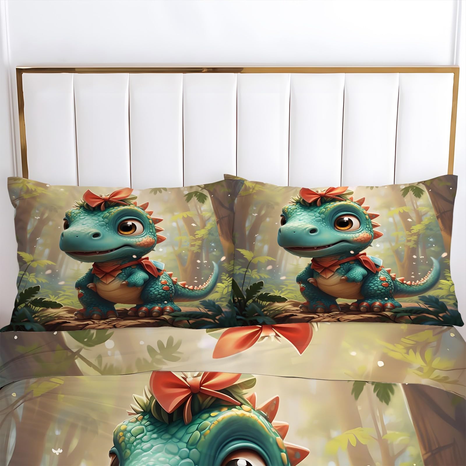 Niebiesko-zielony dinozaur poszwa na kołdrę 260x240cm, zielone rośliny zestaw pościeli, 3-częściowy zestaw miękkiej i oddychającej mikrofibry, 2 poszewki na poduszki 50 x 75 cm AN282