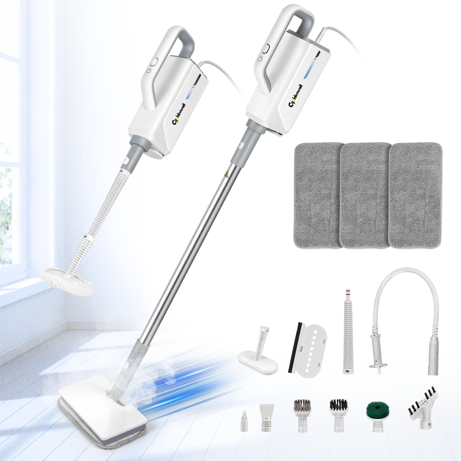 CGOLDENEWALL Mopa a Vapor Multifunción, Depósito de Agua de 360ml, con 12 Accesorios de Limpieza, Cable de 3m, 2 Ajustes de Vapor, para Suelos Laminados Duros, Cocinas, Ventanas