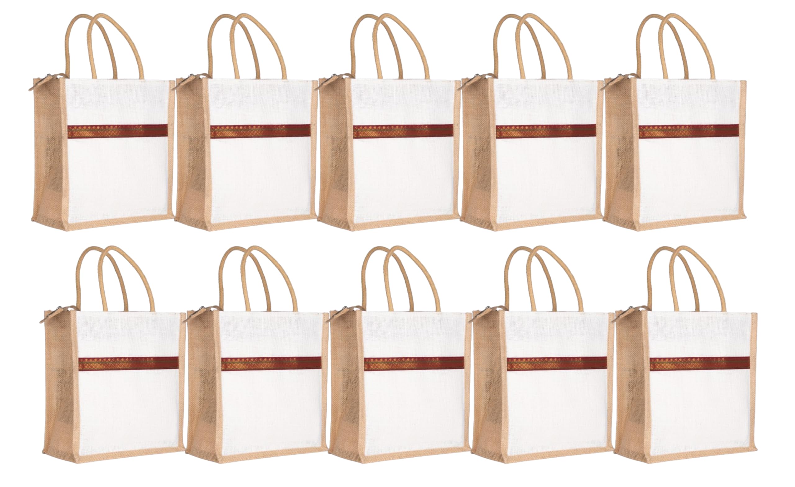 Soman Jute Ecofriendly Return Gift Bags Trendy lace with Zip White Natural Pack of 10 Bags