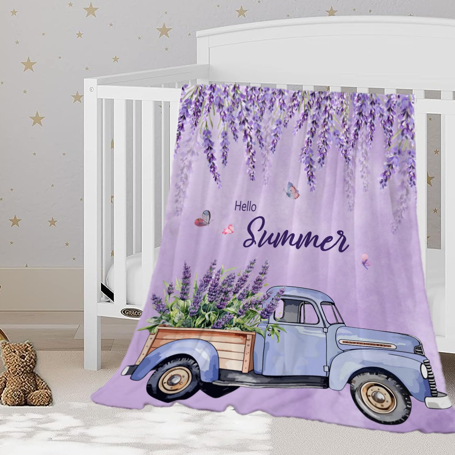 YeeJu Spring Summer Throw Blanket Baby Small Farmhouse Summer Theme Floral Throw Blanket for Toddler Swaddle Crib Soft Fuzzy Plush Fleece Blanket Purple Lavender Flower Decorative Blanket 30x40