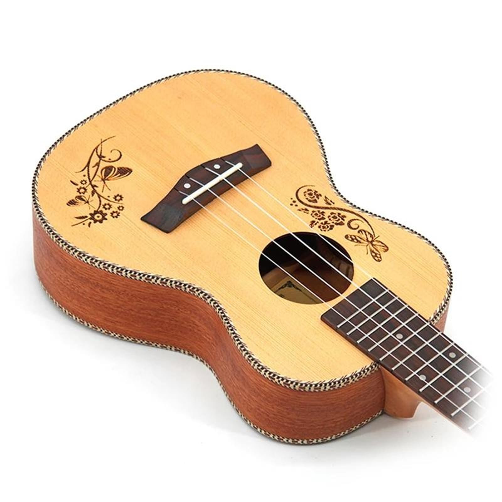 Ukulele Concert 23 Fichtendecke, Hawaiianische 4-saitige Gitarre Elektrische Ukulele, Schmetterlings-Herz-Blumenmuster(Color:Ukulele with bag)