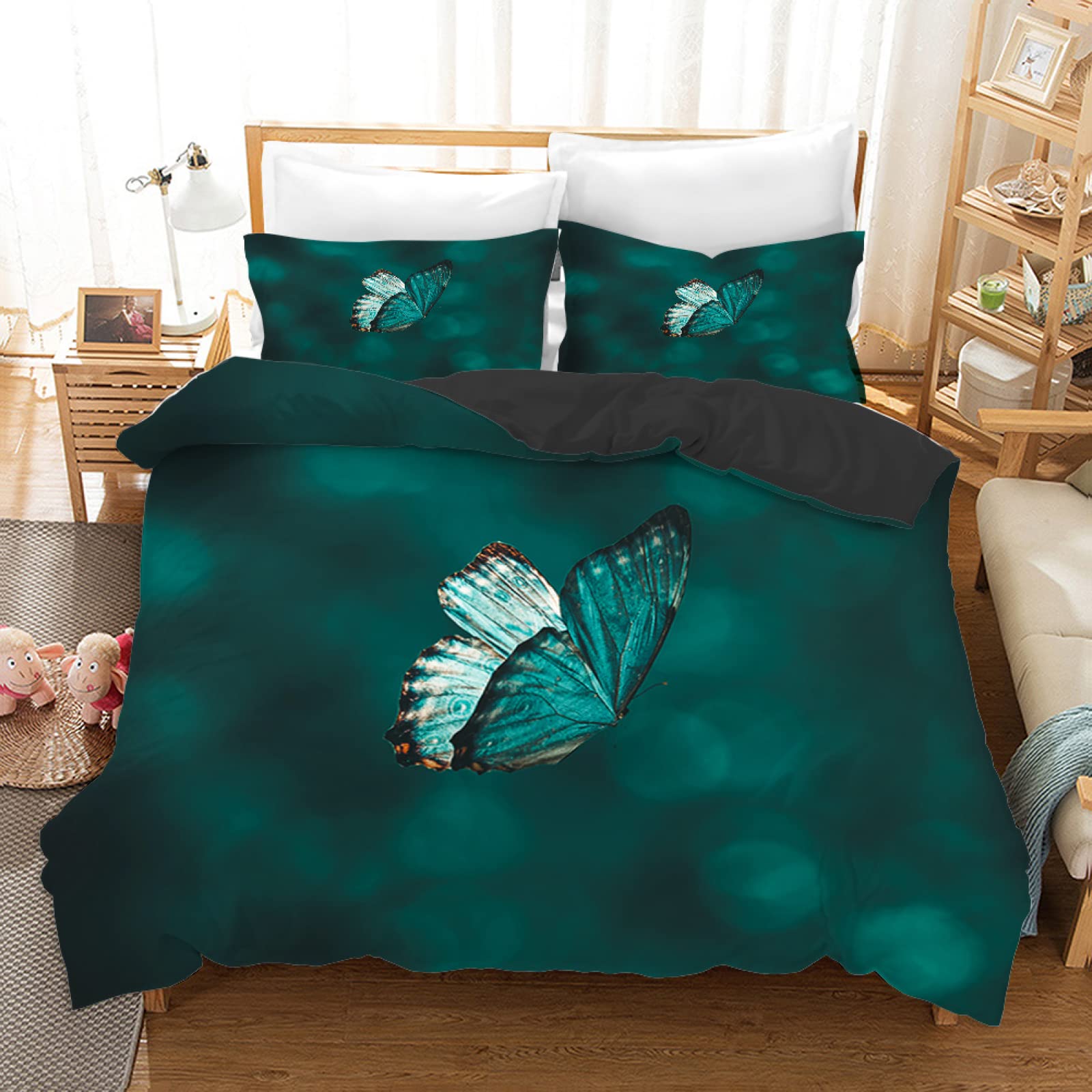 Housse de couette papillon bleu 140x200 en microfibre douce avec ses 2 taies d'oreiller