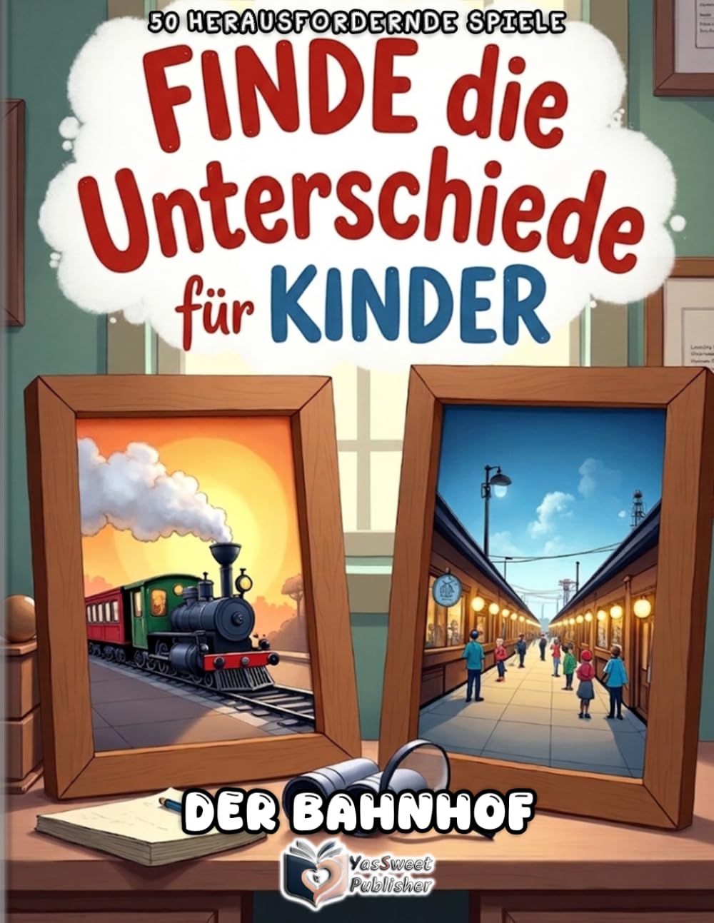 Finde den Unterschied für Kinder – Der Bahnhof: 50 Fehlersuchbilder ab 4-8 Jahren – 250 Unterschiede suchen ohne Lösungen – Konzentrationstraining & Reisespiel für Mädchen und Jungen