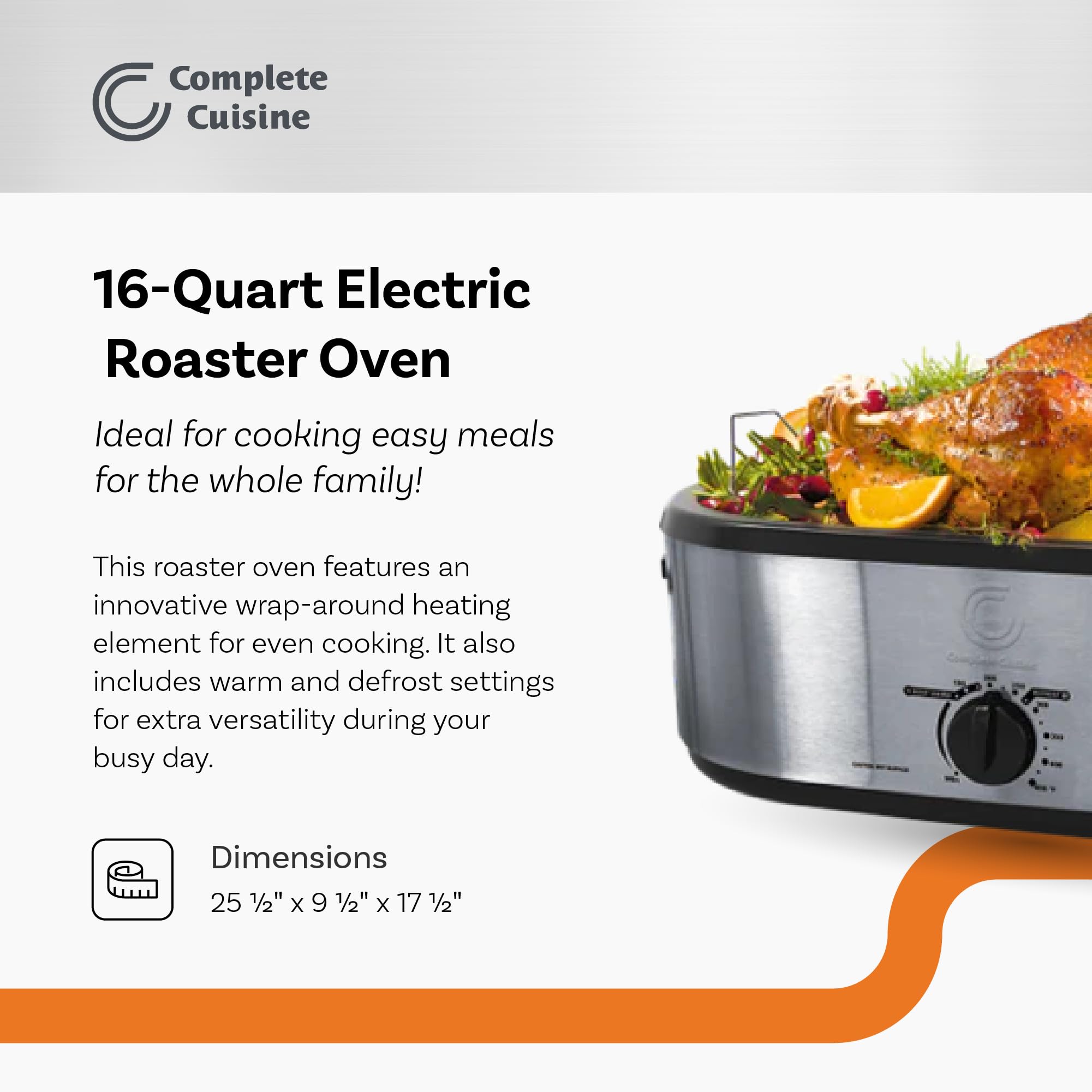 Complete Cuisine CC-R-1000-16QT 16-Quart Oval Roaster Oven with Self-Basting Lid, Stainless-Steel Electric Oven Roaster