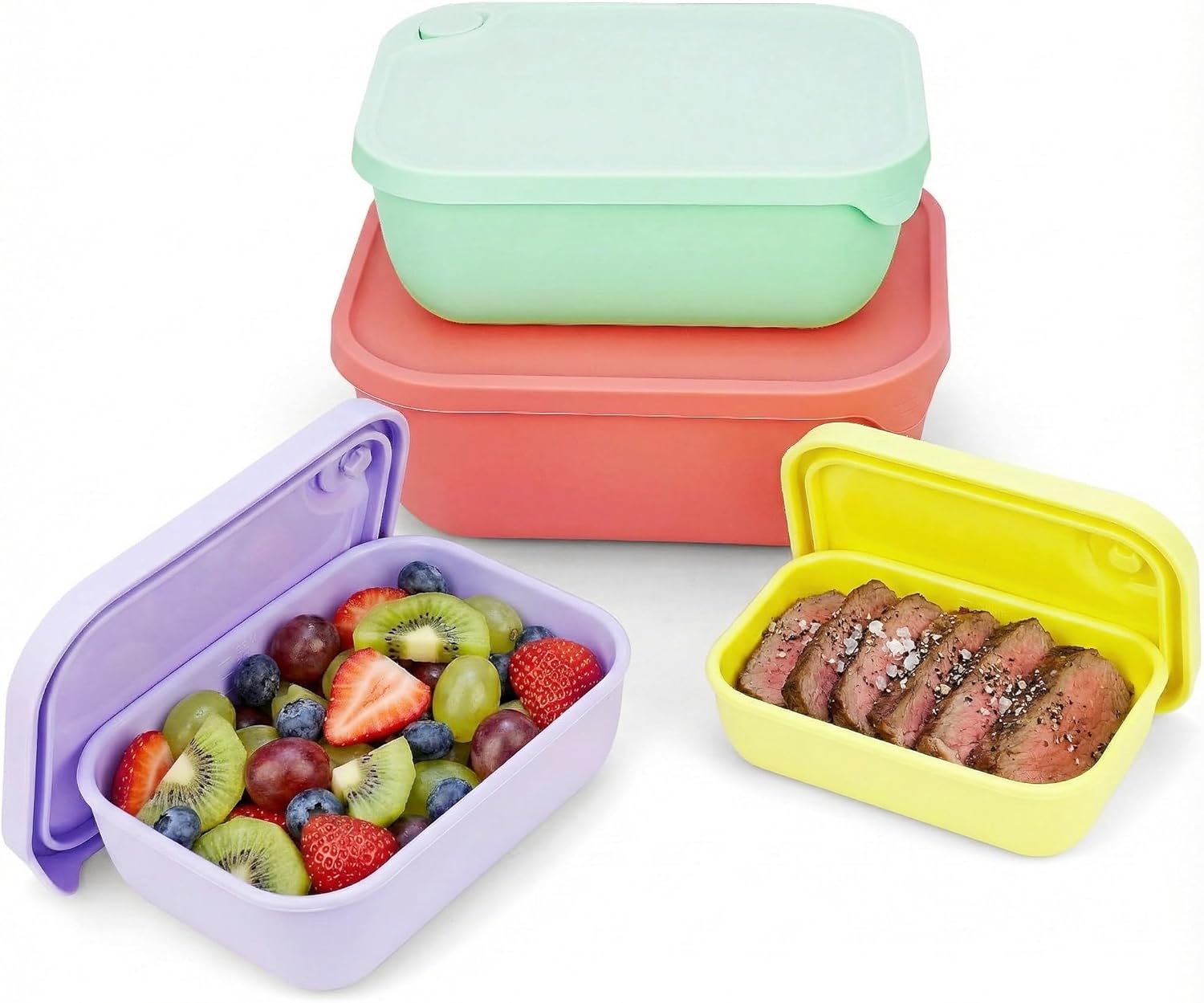 4-Pack Solid Silicone Food Storage Containers with Lids - Sturdy Nesting Lunch Box Set - Easy Clean - Airtight Leakproof for Camping, Meal Prep - Microwave, Oven & Freezer Safe