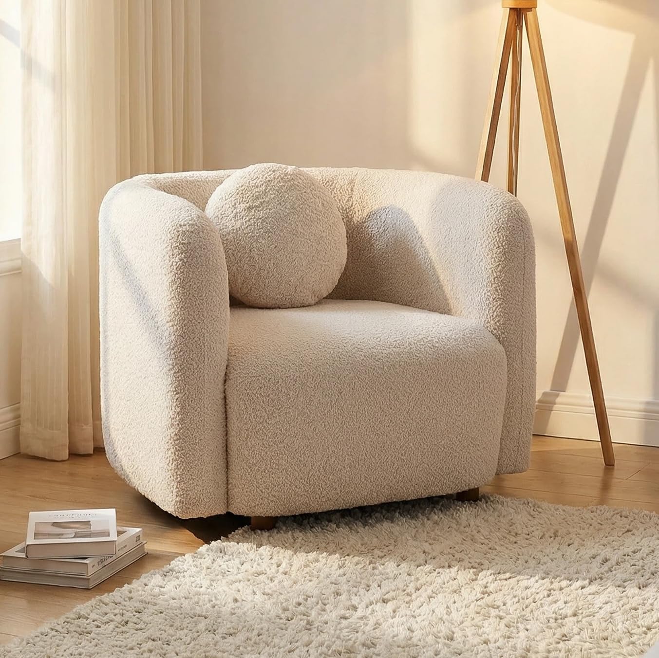 Modern Boucle Accent Square Sofa Chair, Oversized Single Cloud Couch Chair, Japandi Style 1-Seater Armchair with Thick Foam, Comfy Boucle Chair for Living Room & Bedroom, Beige