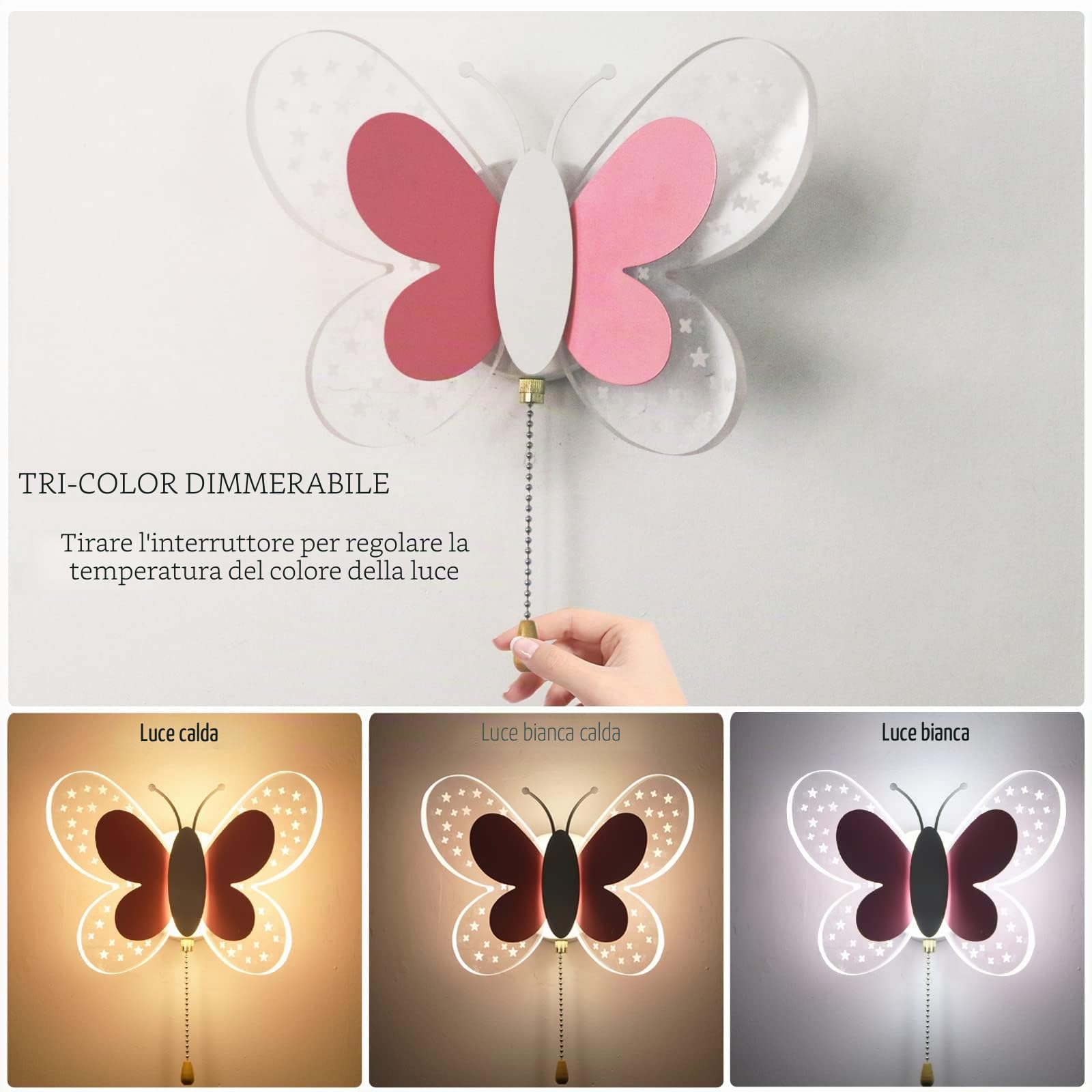 Lampada da Parete a LED per Cameretta dei Bambini, 16W Lampada a Muro con Interruttore, Effetto Stella Illuminazione a Parete per Camera da Letto, 3 Temperature di Colore Regolabili, Rosa
