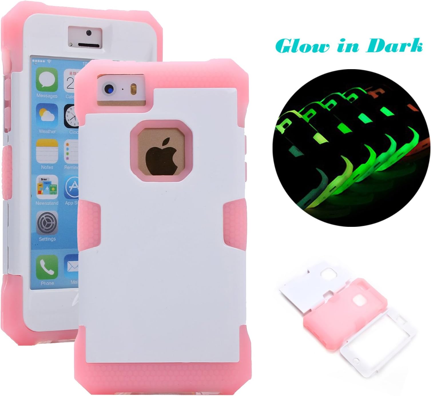5C Case, iPhone 5C Case Glow in Dark, MagicSky iPhone 5C Case 3 in 1 Combo Tuff Hybrid Shockproof Case Cover Protector for Apple iPhone iPhone 5C - 1 Pack(Baby Pink/White) Wireless Phone Accessory