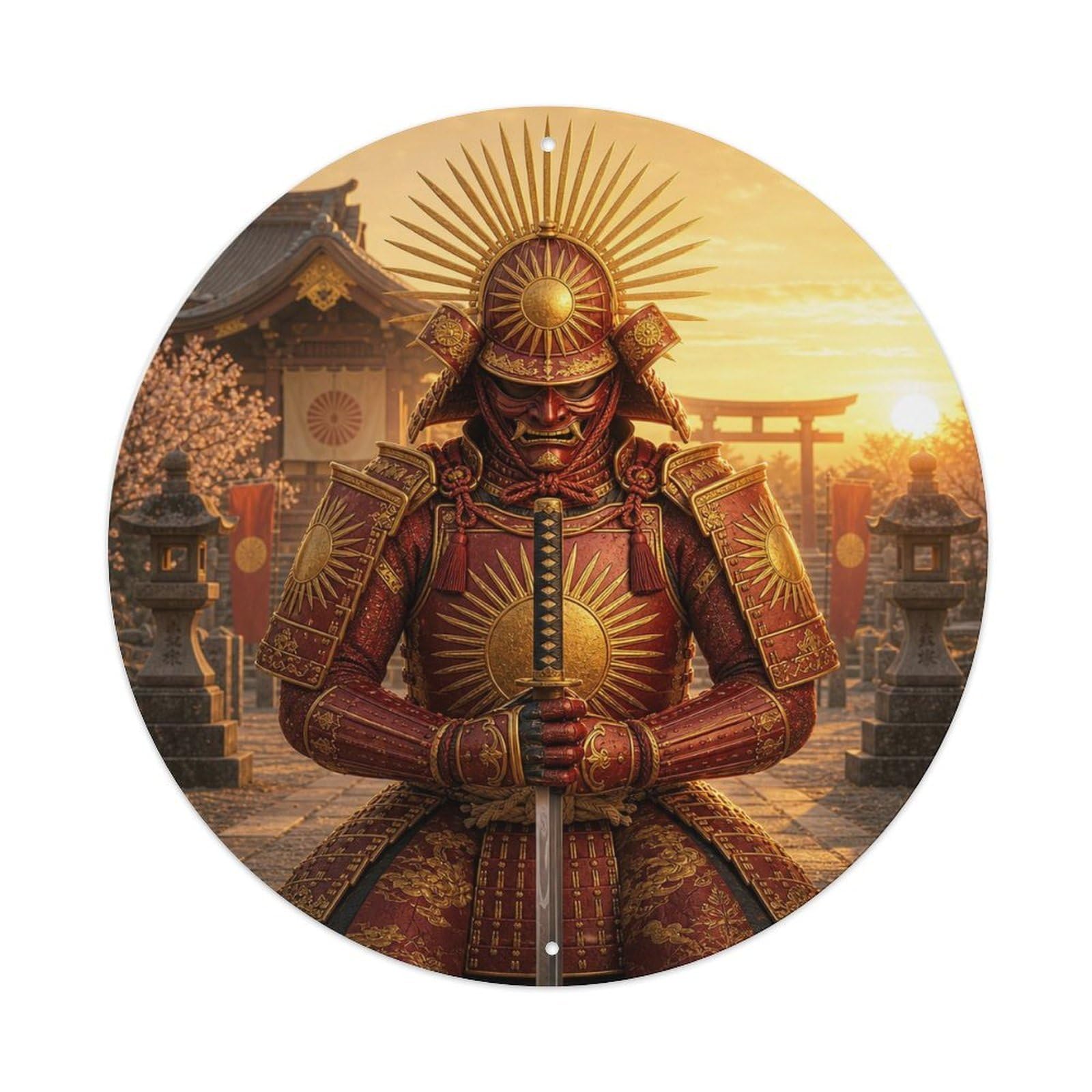 Okngb Style Masked Crimson Dawn Kneeling Honor Stance Samurai Crest Metal Tin Sign Plaque Wall Decor For Cafe, Man Cave, Club Bar, Office, Home Garden Round Metal Poster 8X8inch