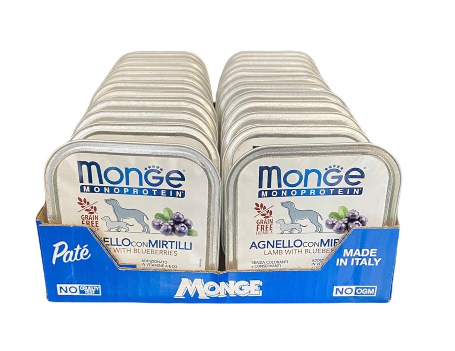 Monge Monoprotein Cibo umido per Cane, gusto Agnello con Mirtilli, senza coloranti, conservanti e zuccheri aggiunti. Confezione da 24 vaschette (1 = 150gr.)