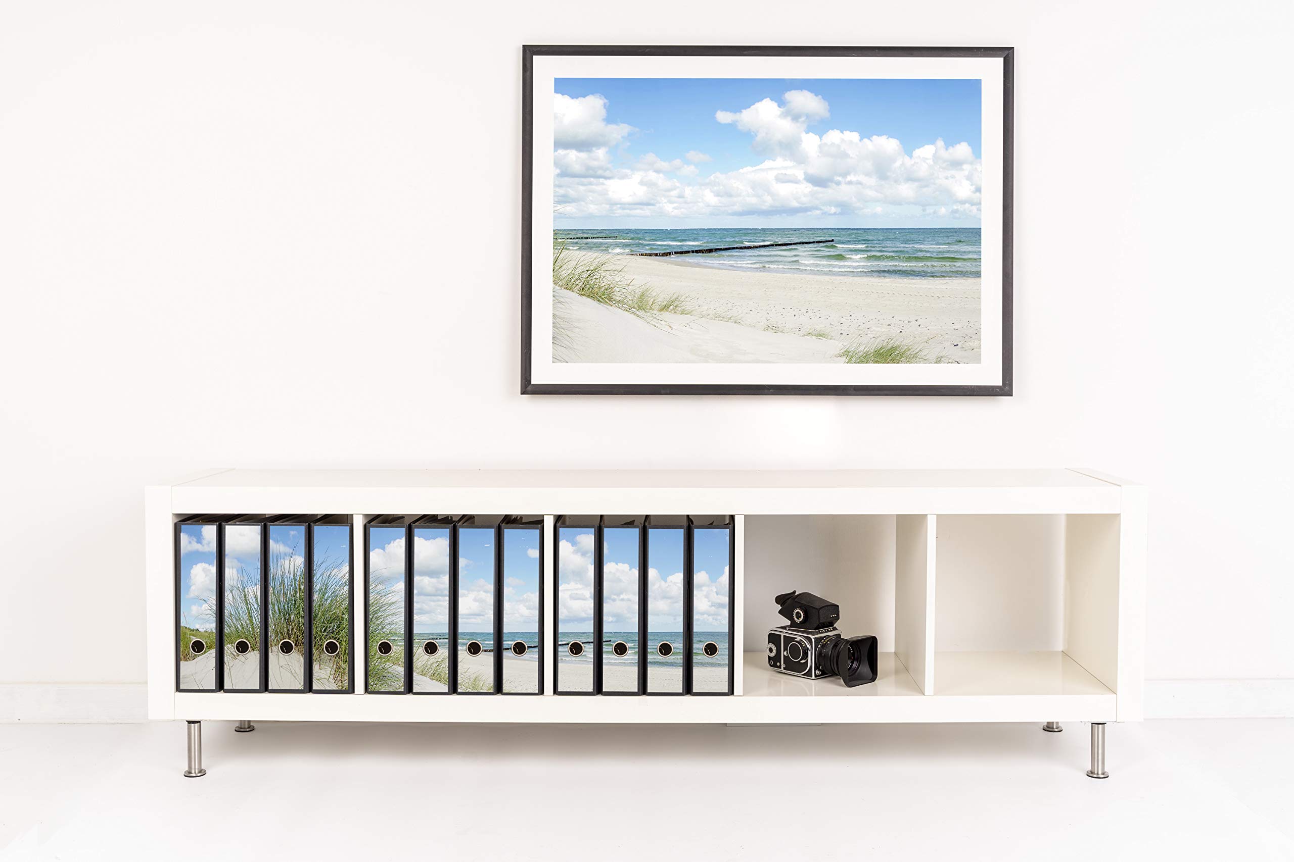 Lot d'étiquettes autocollantes pour 12 dossiers larges - Perforées avec trou de préhension - Étiquette de dos large - Motif dune plage et mer