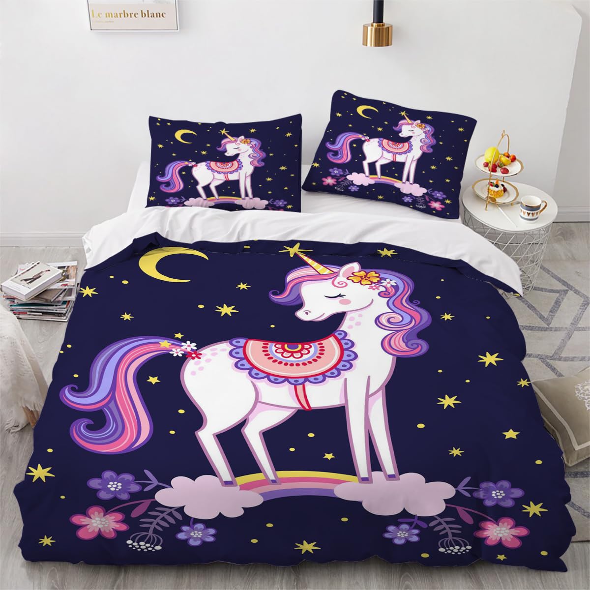 Housse de couette licorne parure de lit microfibre 240x260cm linge de lit 3d zipper