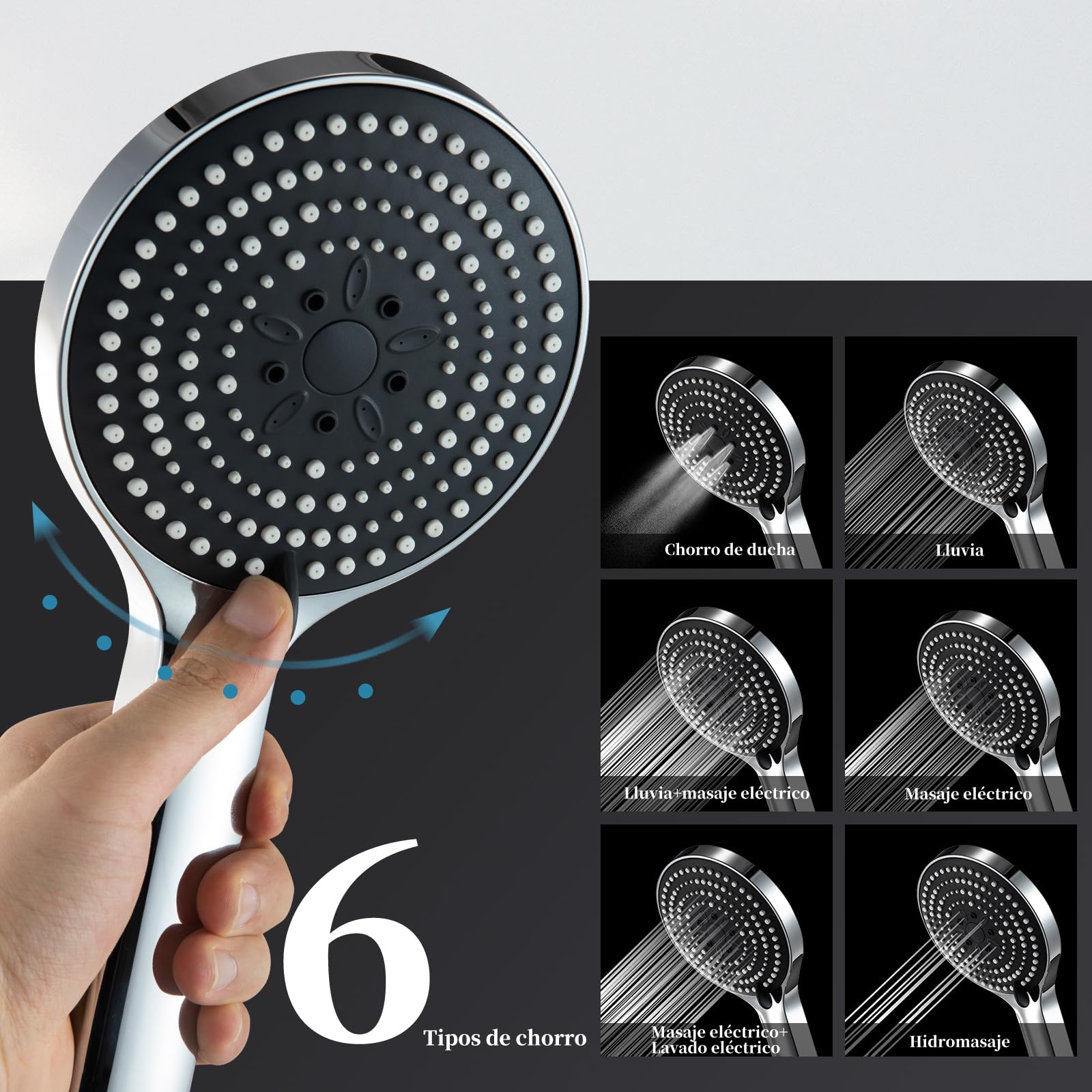 OFFO Asta per doccia con 6 tipi di getto, tubo in acciaio inox 1,6 m, tubo montante regolabile da 60 cm e doccetta cromata