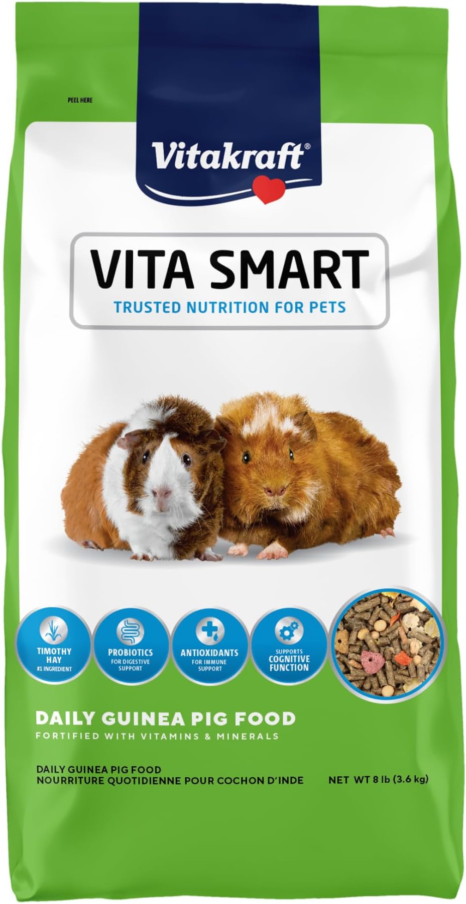 Vitakraft Vita Smart Guinea Pig Food - Complete Nutrition - Premium Fortified Blend with Timothy Hay for Guinea Pigs, 8 Pound (Pack of 1)