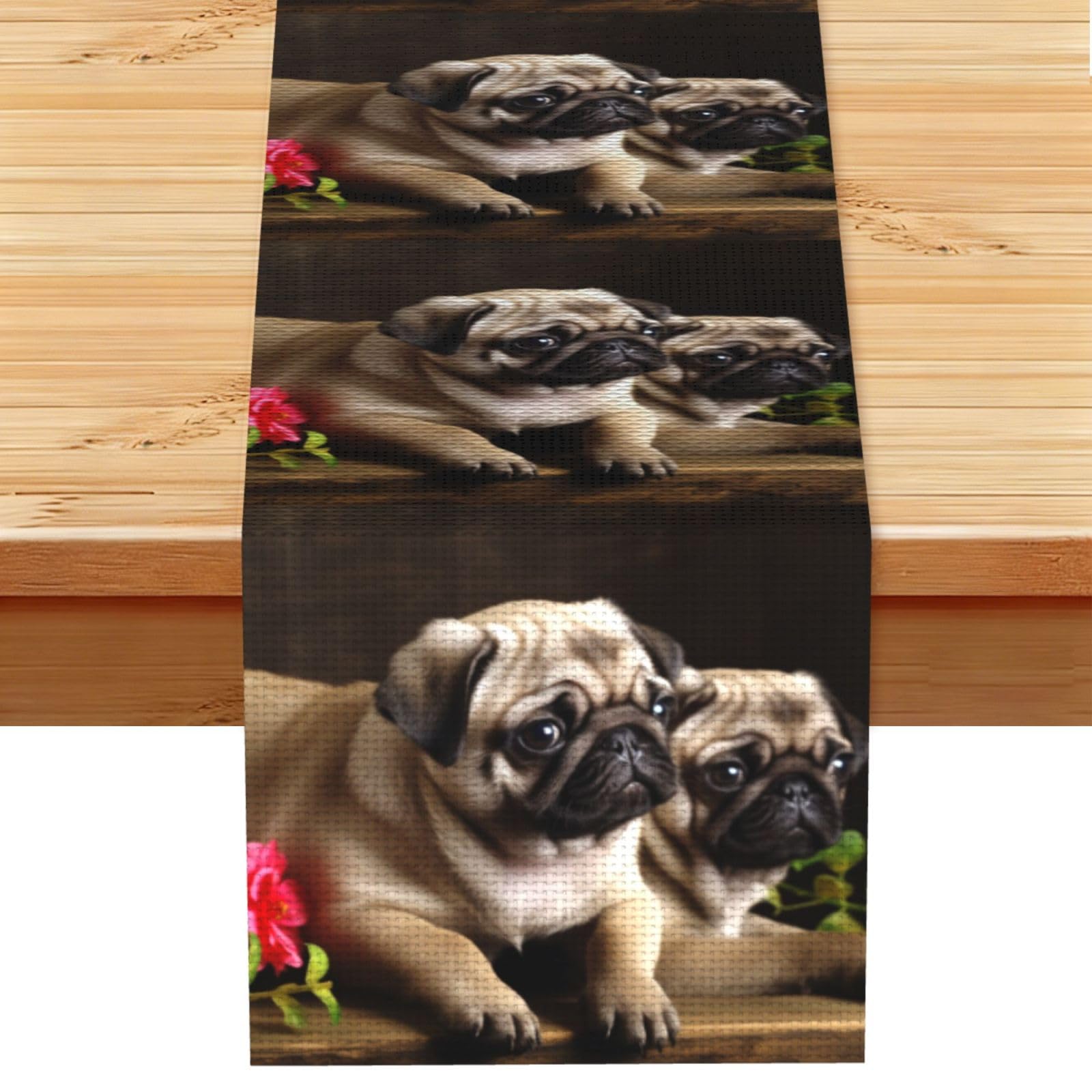 Fodpand Black Rustic Cotton Linen Table Runner, Puppys Pug Table Runners 13 X 72 Inches, Modern Elegant Farmhouse Tablecloth, Washable Kitchen Dining Table Decoration For Home Party Decor