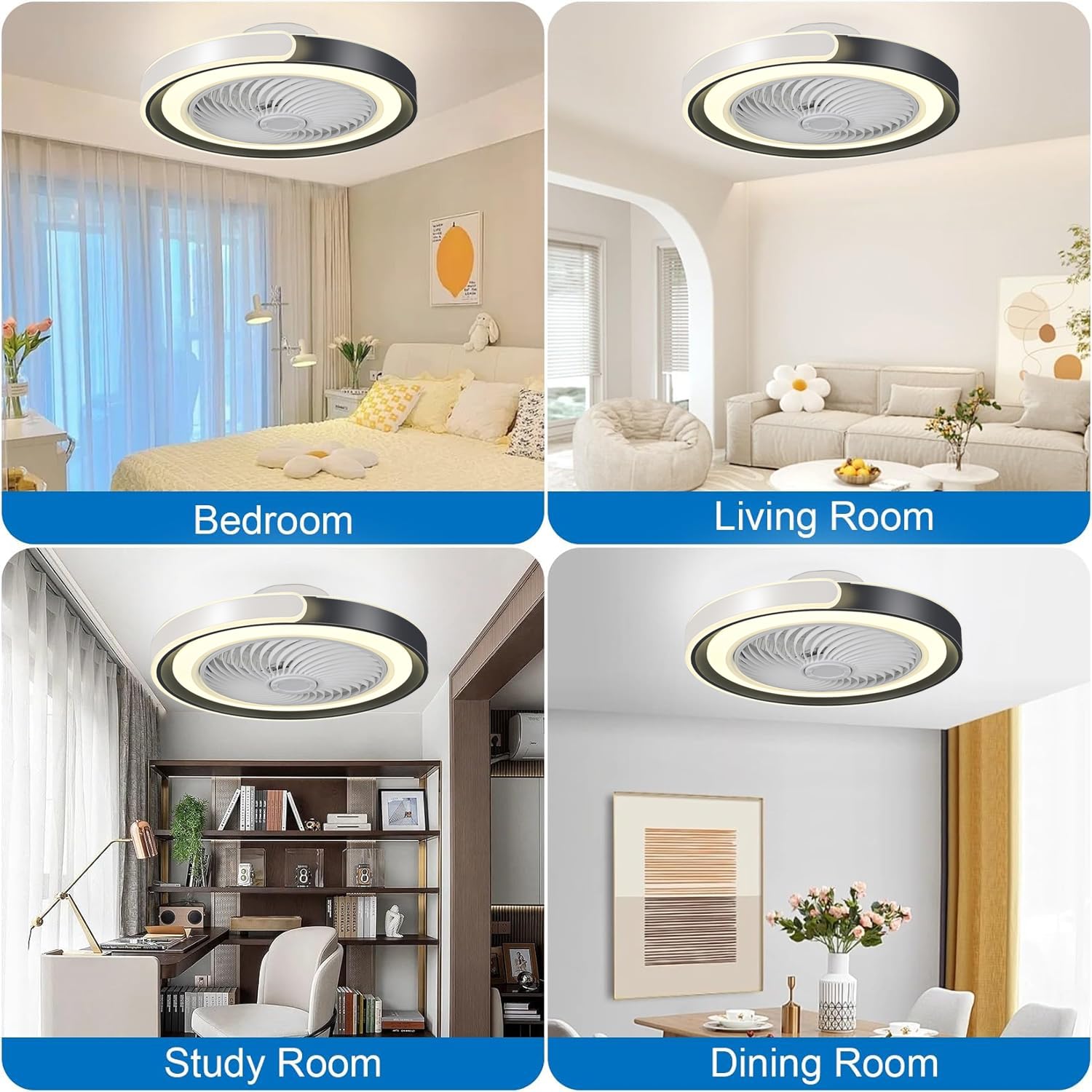 50cm Ventilateur Plafond Silencieux avec Lumiere, Dimmable Plafonnier LED 70W Ventilateur de Plafond avec télécommande APP, 6 Vitesses, Minuterie, pour Salon, Chambre, Cuisine(Noir+Blanc)