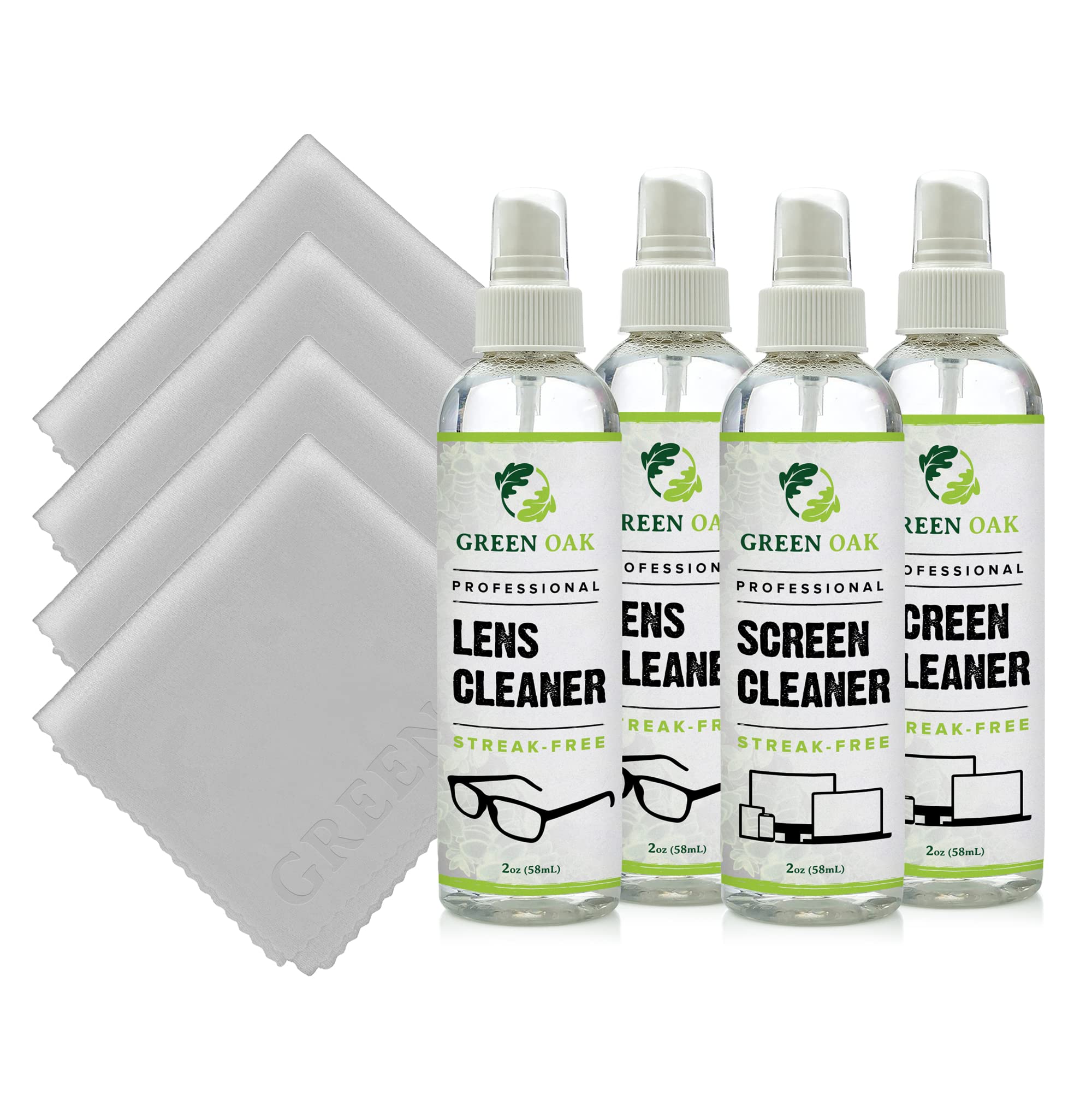 Lens and Screen Cleaner Spray Kit by Green Oak - Safely Cleans Monitors, Phones, Tablets, TVs, Laptops, Eyeglasses, Cameras, Other Screens and Lenses (2oz 4-Pack)
