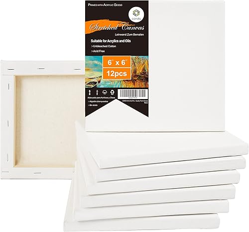 CONDA Lienzo estirado de 6 x 6 pulgadas para pintar, paquete de 12, 100% algodón, perfil de 58 pulgadas, paquete a granel para acrílicos, pintura al