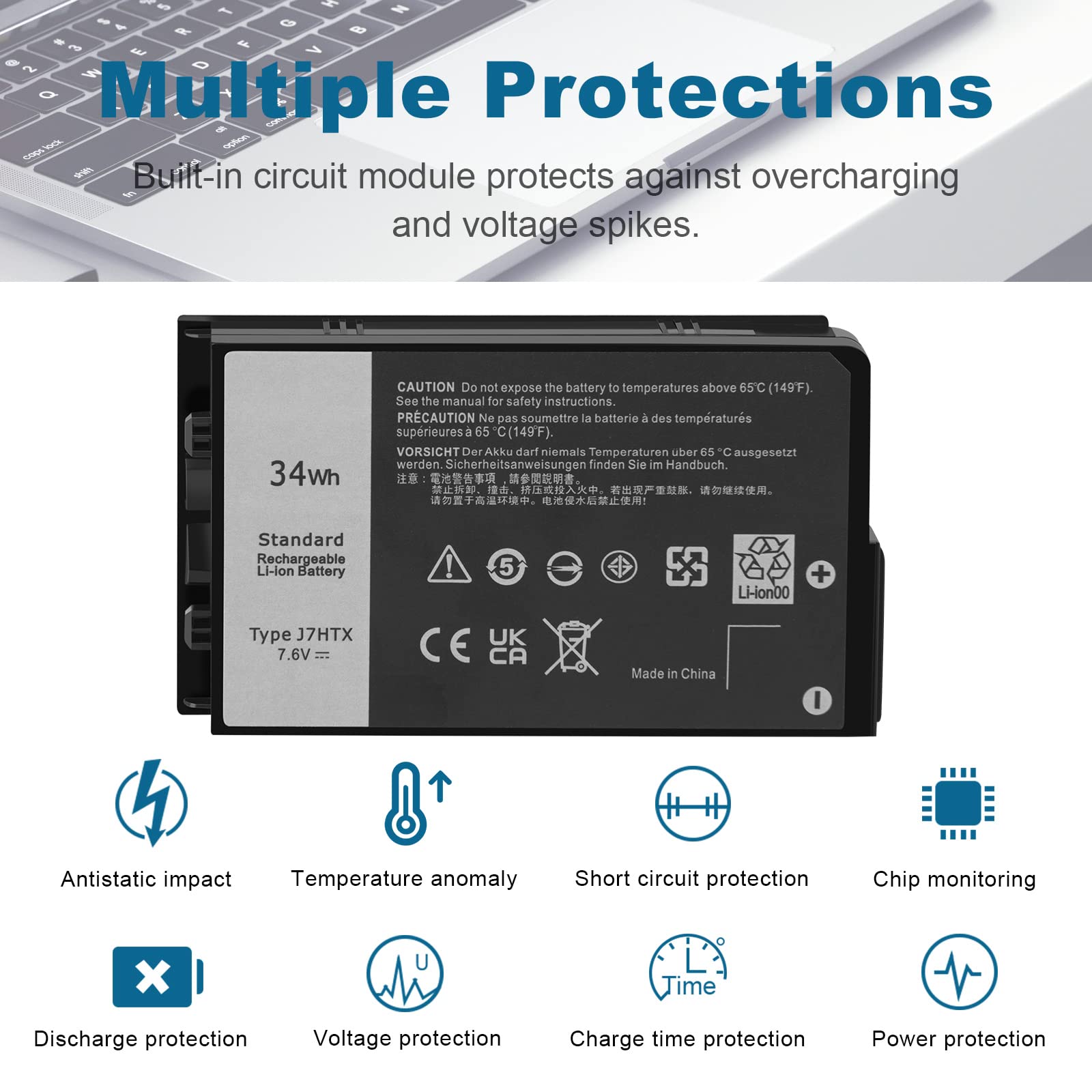 ARyee J7HTX Batería Compatible con DELL Latitude 7202 7212 Rugged Extreme Tablet Series, Repuesto para J7HTX 02JT7D 7XNTR FH8RW(7.6V 34Wh)