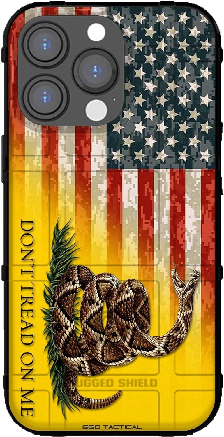 EGO TACTICAL Limited Edition Rugged Shield case Compatible with iPhone 16 Pro [6.3" Screen] Printed in The USA Don't Tread on Me Flag on US Camo Flag