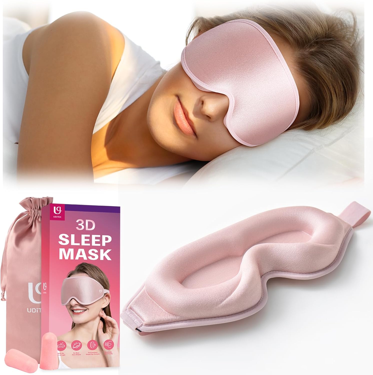 Sleep Mask, 3D Contoured Deep Pocket Eye Mask for Sleeping, Light Blocking Sleep Masks for Women Men, Zero Pressure Eye Covers for Sleeping Travel Night Shift, with Adjustable Strap