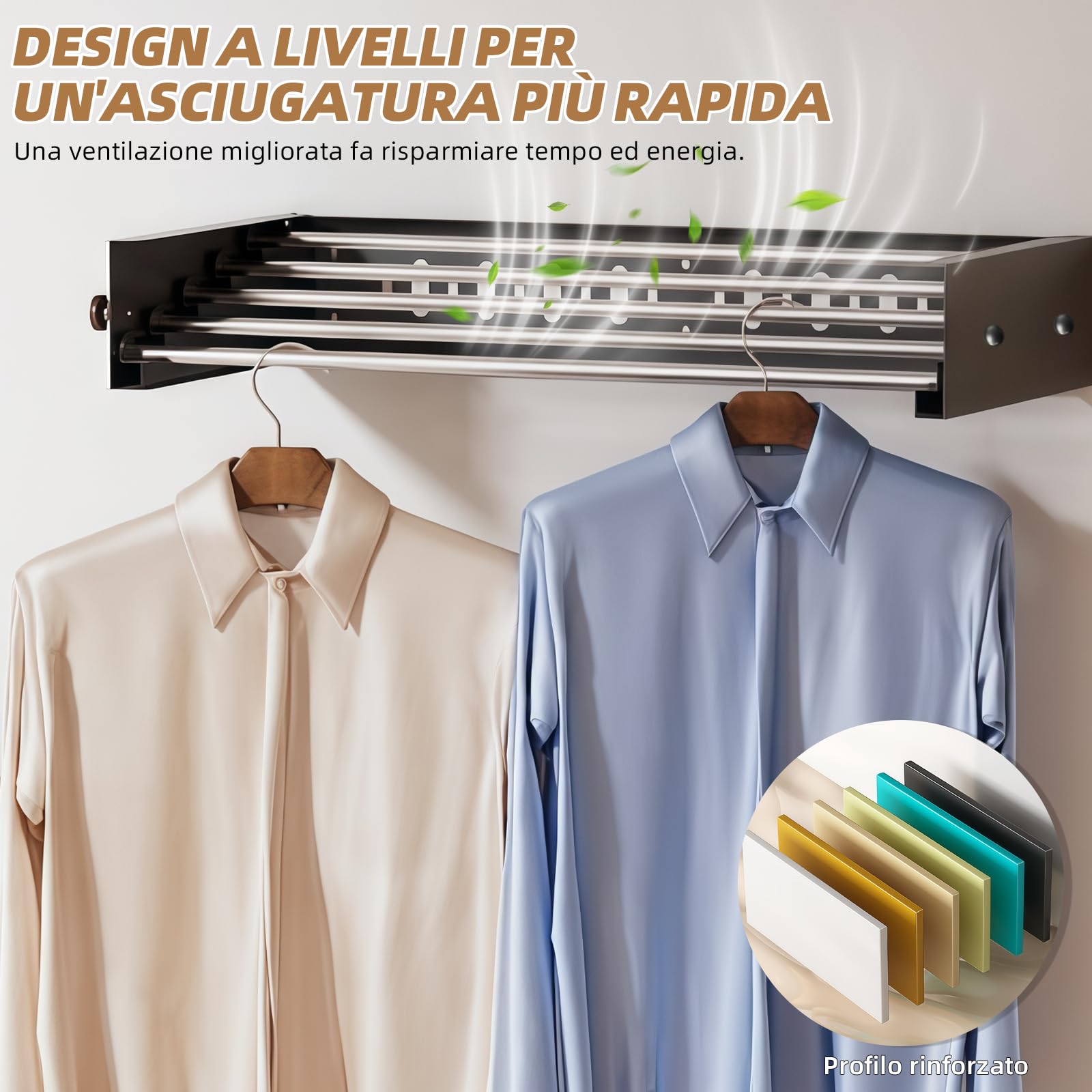 Stendibiancheria da parete in acciaio al carbonio, 60 cm, allungabile con 4 ganci, portata 25 kg, porta asciugamani salvaspazio adatto per balconi, terrazze e bagni (nero)