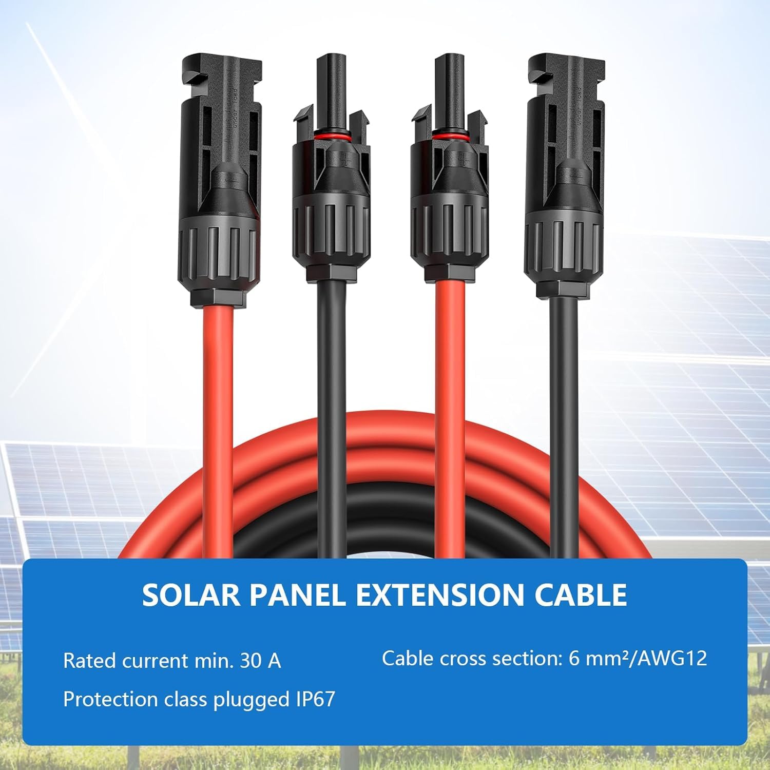 Cable de Extensión de Panel Solar de 6 mm², Alargador de Cable Solar de 10M, Cable de Cable Fotovoltaico con Conectores Hembra y Macho Kit de Adaptador para Panel Fotovoltaico (6mm²10m)