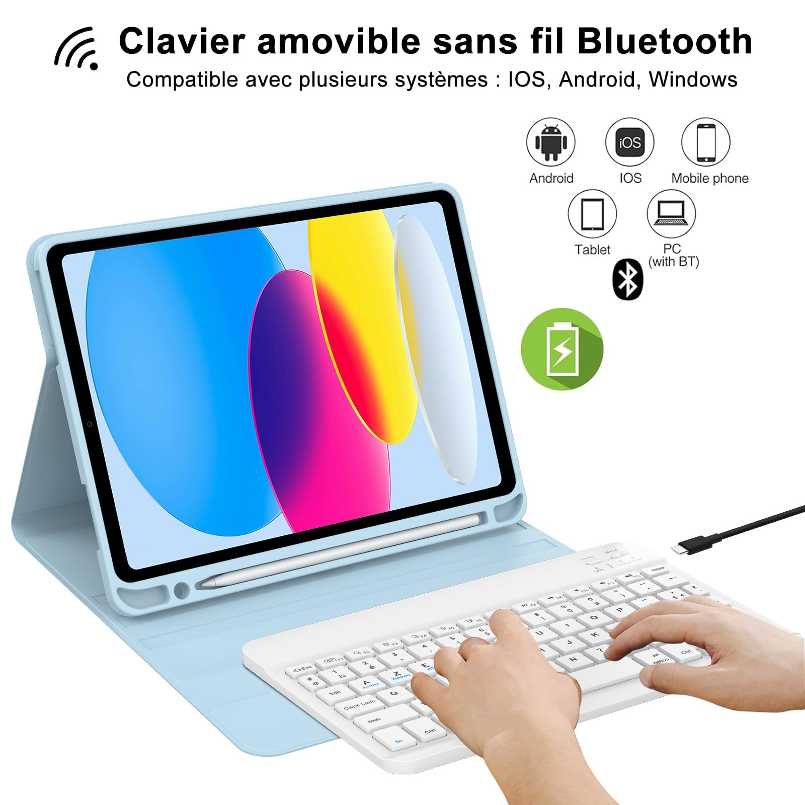 IVEOPPE Coque Clavier pour iPad A16 11/10ème Generation (11 Pouces 2025/10.9 Pouces 2022), Étui Keyboard AZERTY Layout sans Fil Bluetooth avec Porte Crayon, Bleu Azur