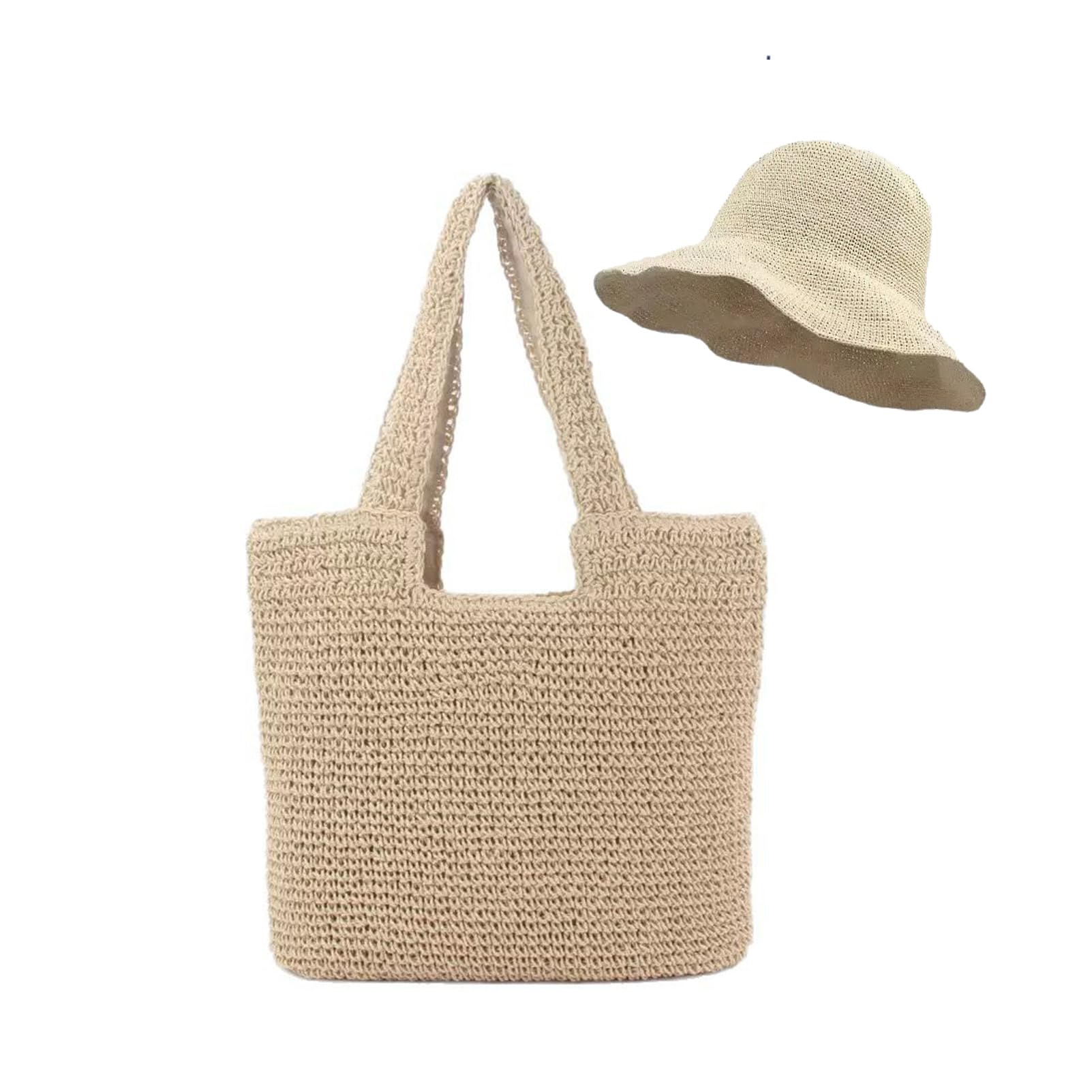 Set di cappello di paglia e borsa da donna, UPF 50+, cappello estivo a tesa larga, con borsa da spiaggia, pieghevole, set da viaggio per le vacanze