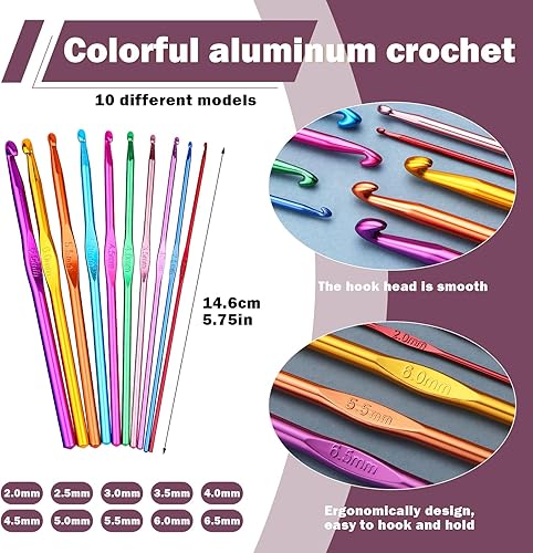 Miniatura 2 de Pnytty Ganchos de ganchillo, kit de 100 ganchos de ganchillo con estuche, incluye ganchos de ganchillo ergonómicos, accesorios de ganchillo, agujas