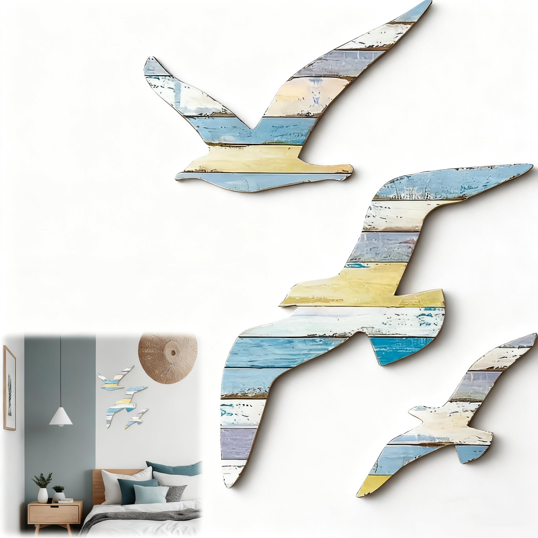 3Pcs Wood Seagull Wall Decor,Nautical Bathroom Accessories,Beach Element Sea Birds Wooden Wall Art,Self-Adhesive Seagull Decorations Nautical Decor for Home Bedroom Living Room