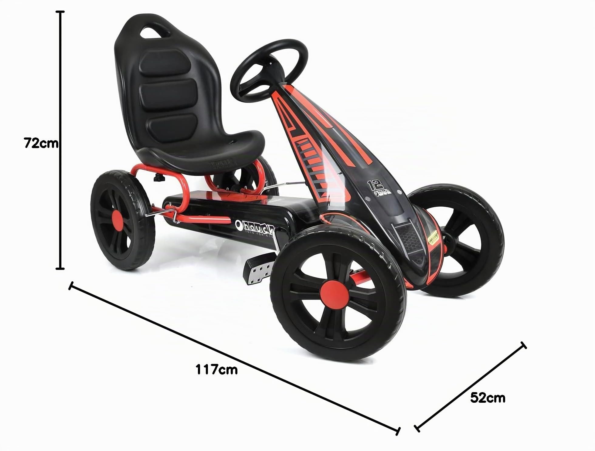 hauck Go Kart Cyclone - Kart Pedales para Niños de 4 a 10 Años - Coche Pedales con Ruedas de 12 Pulgadas - Go-Kart con Freno de Mano y Asiento Ajustable - Chasis de Acero - Negro/Rojo