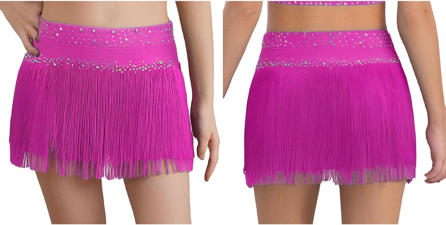 Jhaoyu Shiny Tassels Jazz Dance Skirt for Girls Latin Skirt with Built-in Briefs Dance Competitions Outfits Dancewear