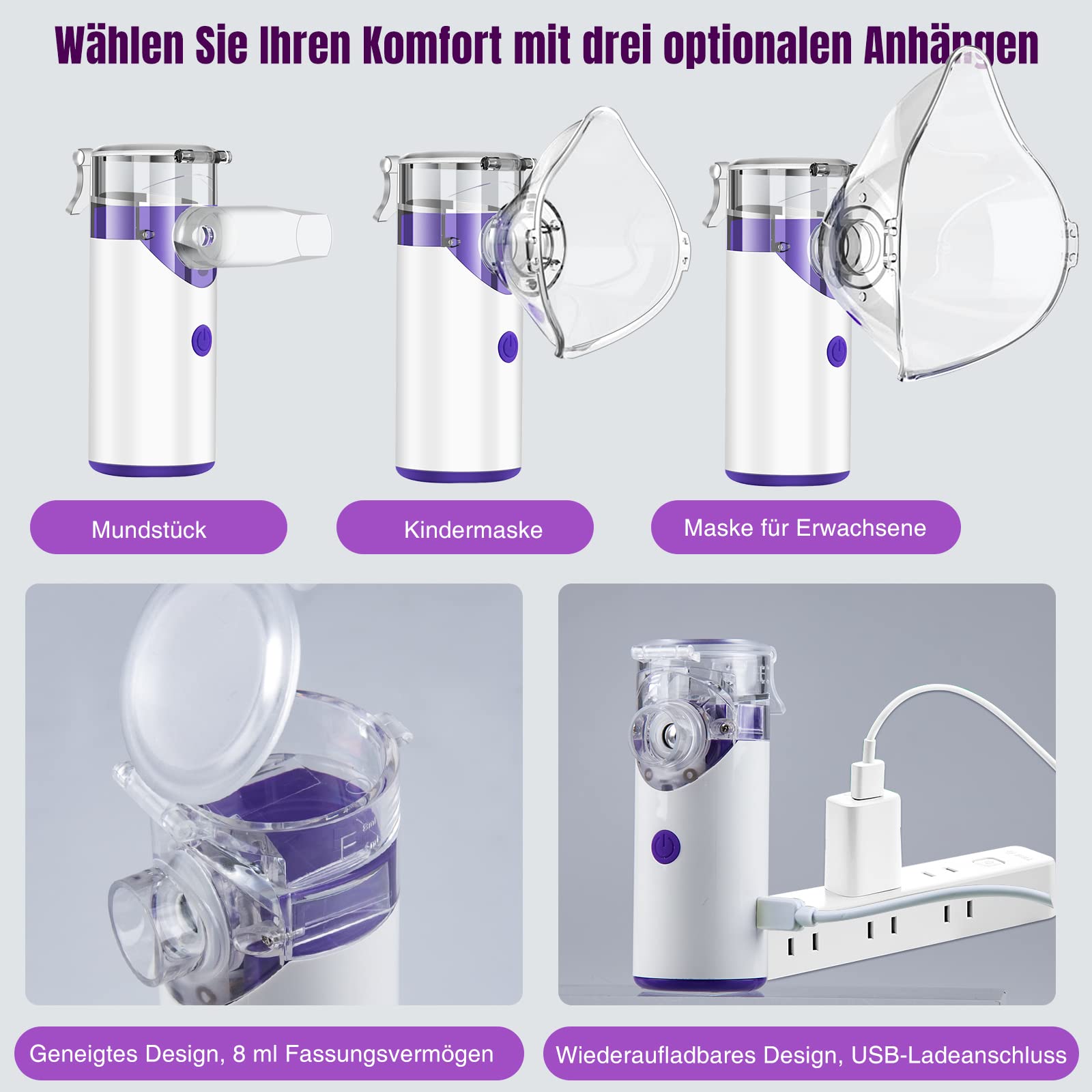 Inhalator dla dzieci, nebulizator dla dorosłych: przenośny inhalator na przeziębienie, ultradźwiękowy nebulizator – elektryczny ładowany przez USB, regulowany, cichy inhalator